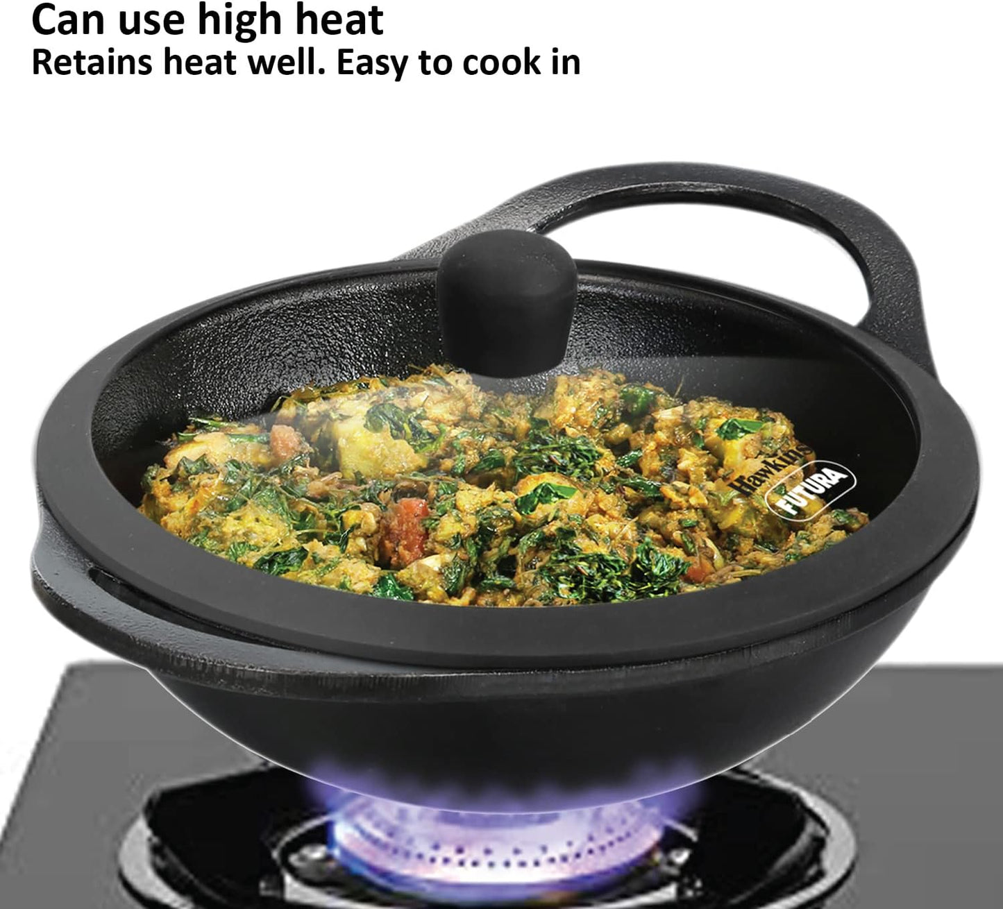 Hawkins Futura 2 Litre Cast Iron Kadhai, Naturally Nonstick Cast Iron Kadai with Glass Lid, Cast Iron Cookware for Kitchen, Black (CIK20G)