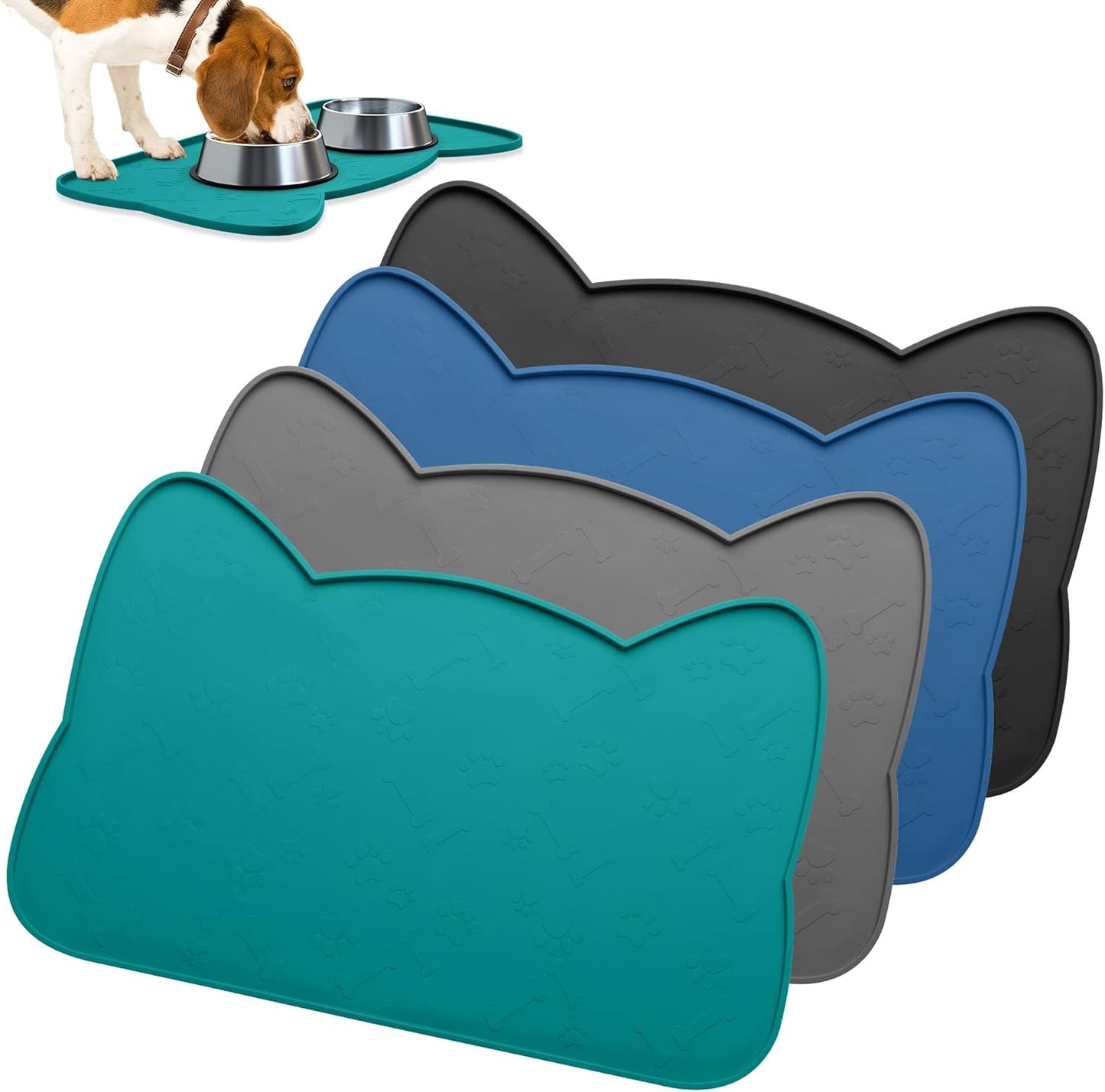 IYYI Cat Food Mat, Silicone Dog Bowl Mat for Food and Water, Waterproof Non Slip Pet Feeding Mat, Raised Edge Dog Food Tray to Stop Food Spills and Water Messes on Floor (Teal+M)