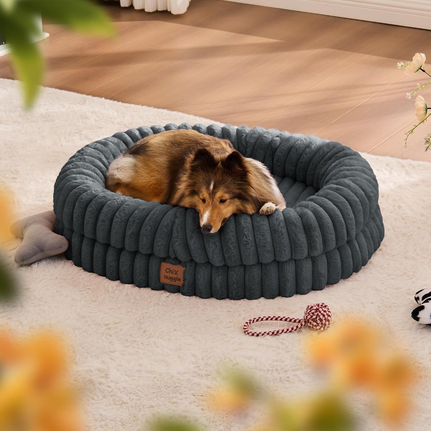 Dog Bed Medium Sized Dog - Luxury Striped Faux Fur Waterproof Pet Couch with Removable Washable Cover, Orthopedic Pet Bed with Bolster Sides for Sleeping, Dark Grey