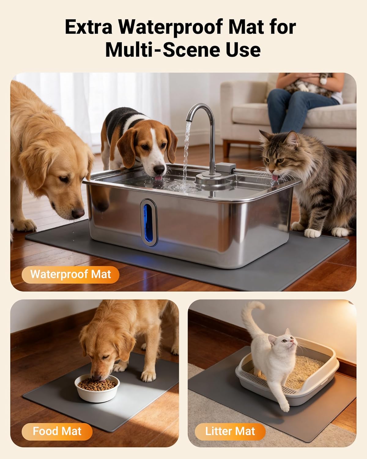 15L/3.96Gal Extra Large Dog Water Fountain Bowl with Visual Alert, Pet Feeding Mat and 3 Filters Kit, Automatic Water Dispenser for Dogs Cats
