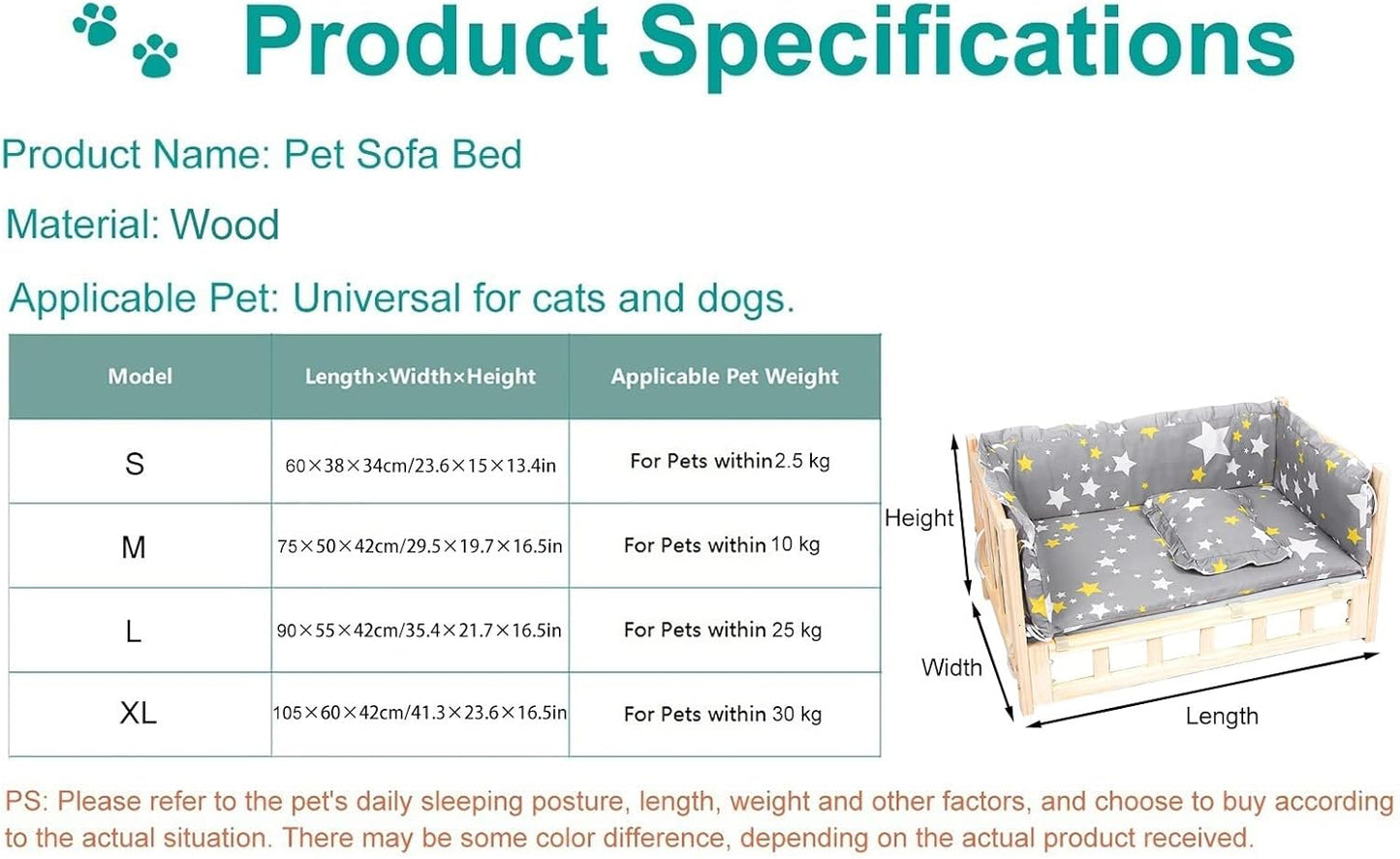 Comfortable Wooden Pets Cot with Removable Bedding, Grey Star Pattern Orthopedic Dogs Bed for Medium Large Pet, Multiple Sizes S, M, L, XL (Color : Style2, Size : S-60x38x34cm/24x15x13) (Style1 M)