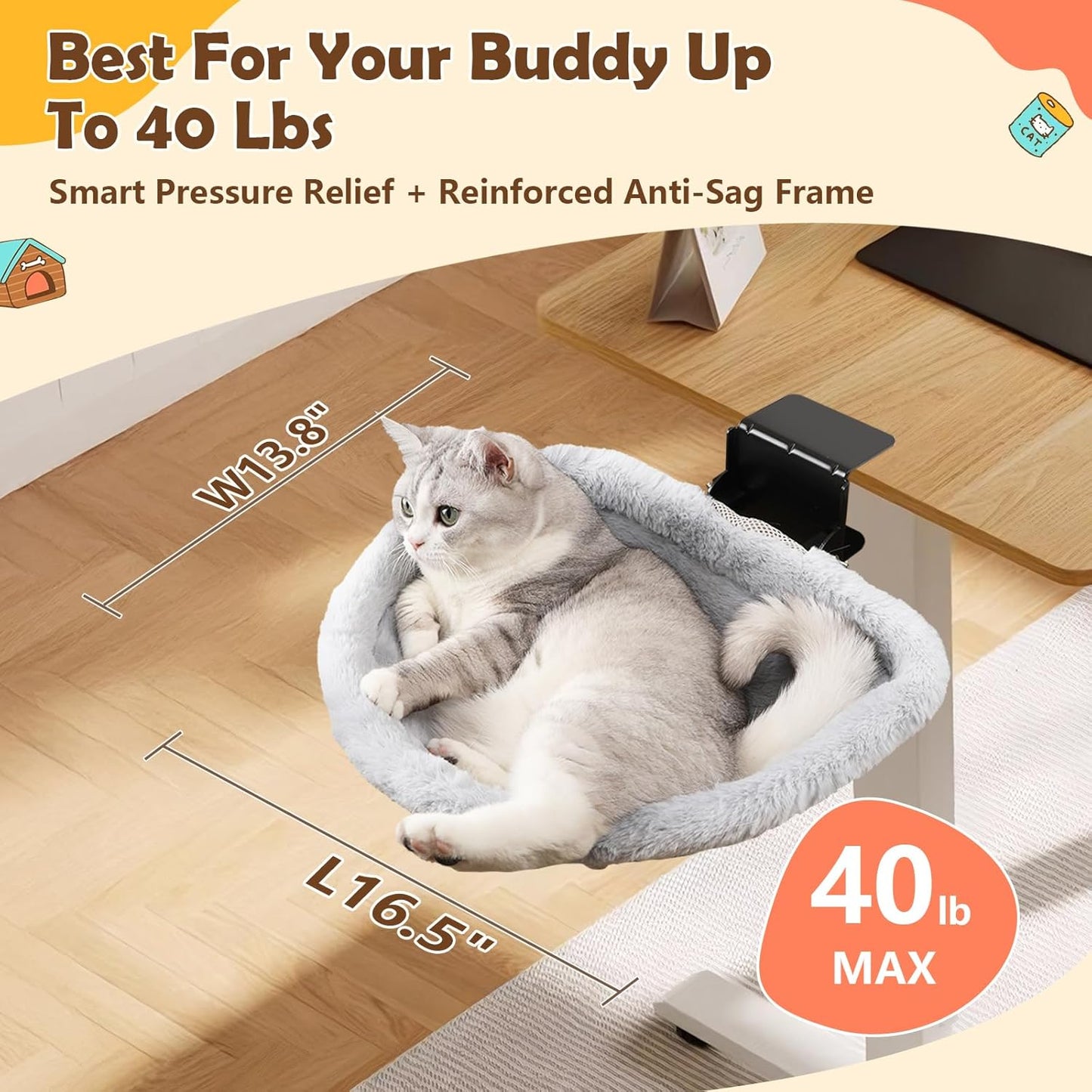 Stable Cat Desk Bed with Heavy-Duty Clamp | Sunken Hammock Design & Faux Rabbit Fur for Comfort, Removable & Washable Bed, Holds Up to 40lbs, Space Saving Cat Perch for Home Office