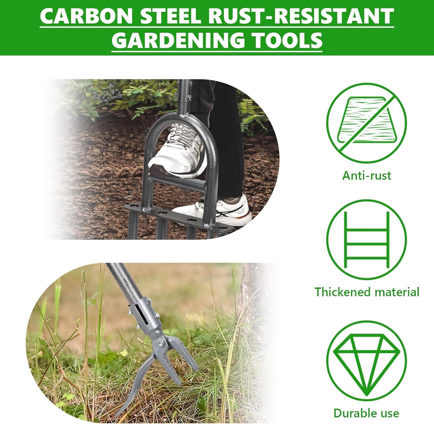 2-in-1 Lawn Aerator Tool, Foot-Operated Weed Puller & Core Aerator 4 Hollow Tines with Adjustable Height, Heavy-Duty Anti-Rust Carbon Steel for Compacted Soil Aeration, Garden Lawn Care