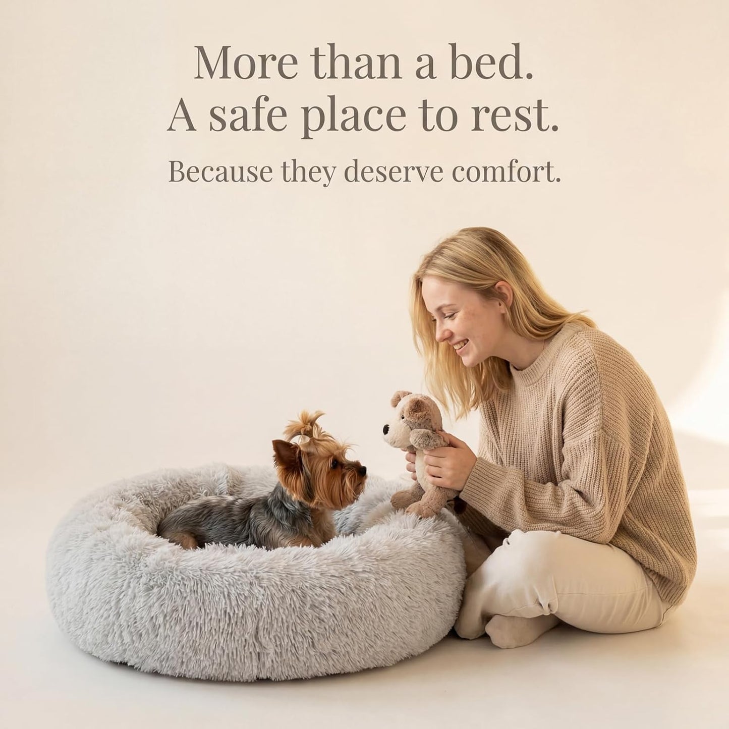 Calming Donut Dogs Beds for Small Dogs Washable,19inch Fluffy Round Puppy Bed for Puppies,Cats & Toy Breeds with Raised Rim,Fits up to 15 lbs Pets,Frost Grey