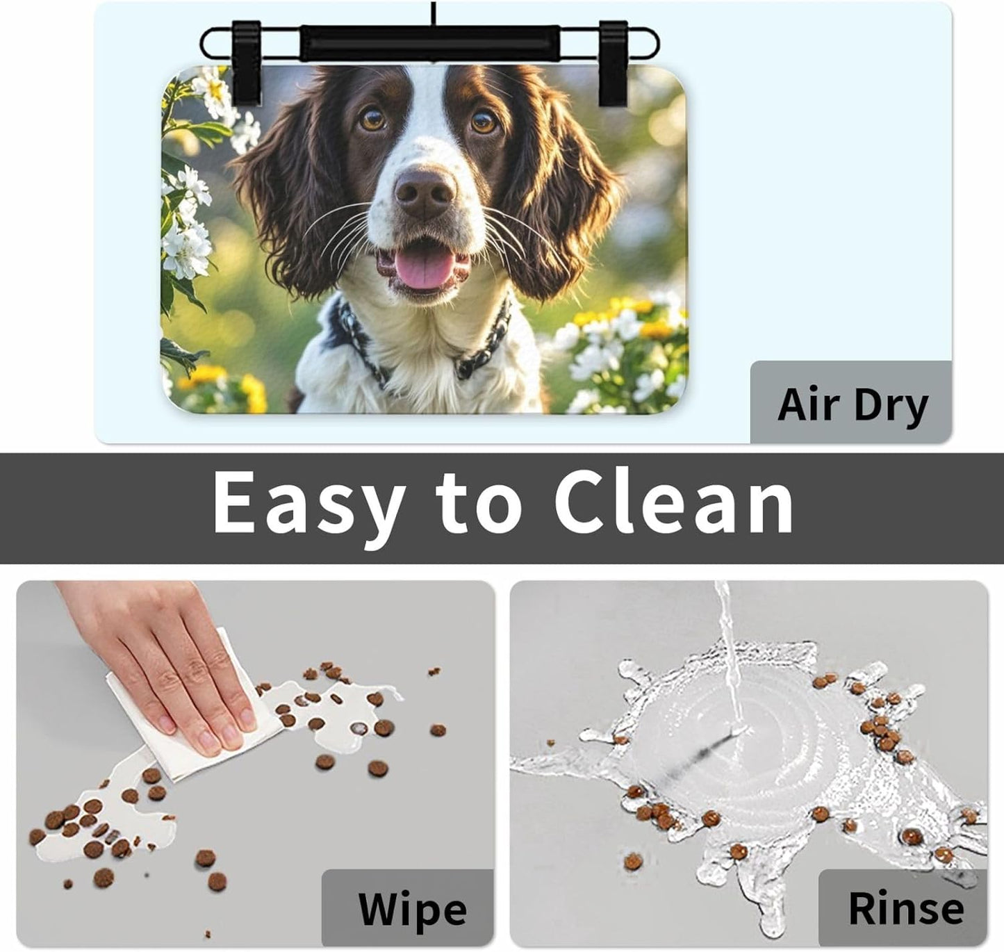 Pet Feeding Mat Leather Dog Food Mat Waterproof Pet Tablecloth Cute Springer Spaniel Pet Placemat for Dogs Absorbent Dog Bowl Mat Anti-Slip Dogs Mats for Food and Water