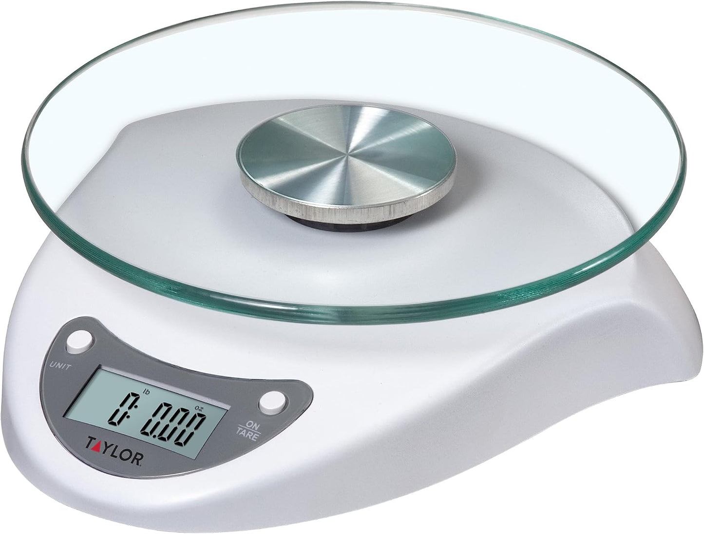 Taylor Digital Kitchen Scale with Glass Platform, Tare Button, and Plastic Body Weighs up to 11 Pounds Capacity, White