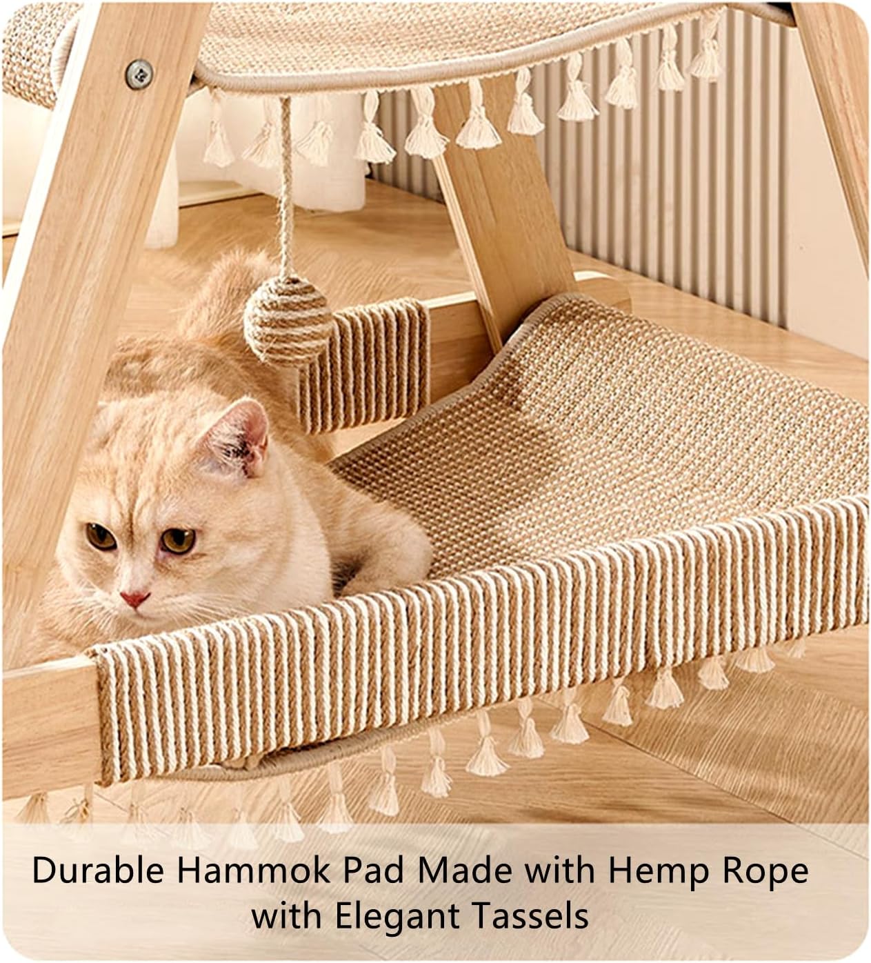 SHENGOCASE 3-Tier Modern A Frame Wooden Cat Tree Tower Ladder with Multi-Level Bed Hammock for Large Cat and Sctatching Post, Hanging Toy Ball (Beige)