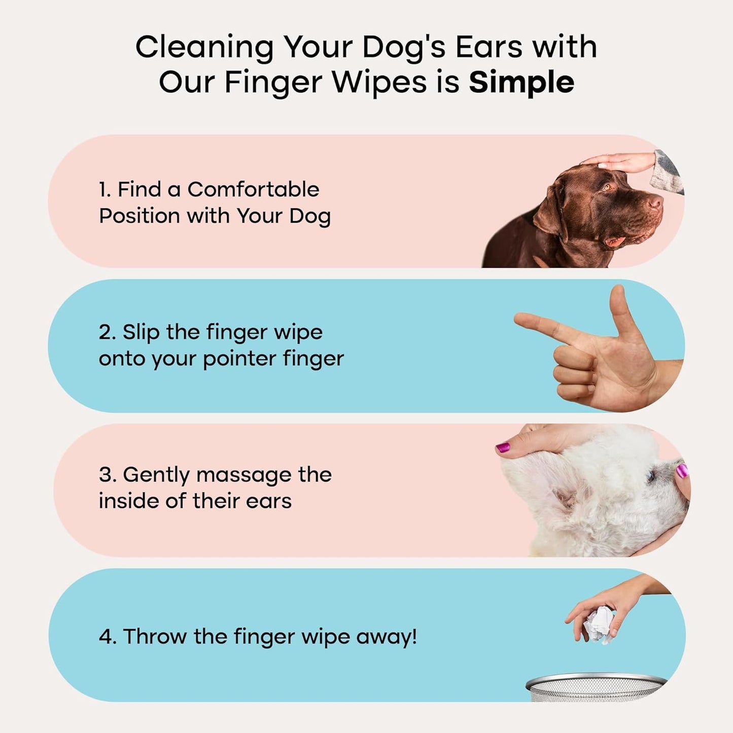 Uproot Clean Cat & Dog Ear Cleaner Finger Wipes (50ct.): Disposable Dog Ear Wipes Enriched with Shea Butter & Jojoba Oil - Cleaner Removing Wax Build Up, Help with Odor Discomfort