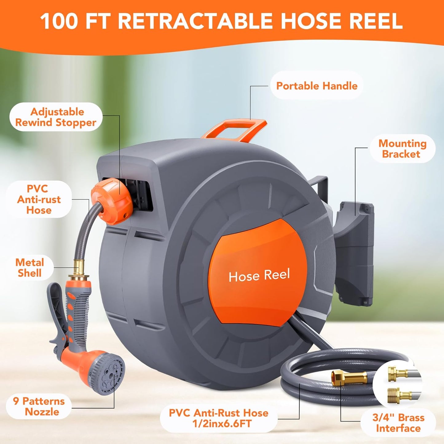 GAOMON Retractable Garden Hose Reel - 1/2 in x 100 ft, Wall Mounted, 9-Function Sprayer, Any Length Lock, 180° Swivel, Automatic Rewind & Slow Return System
