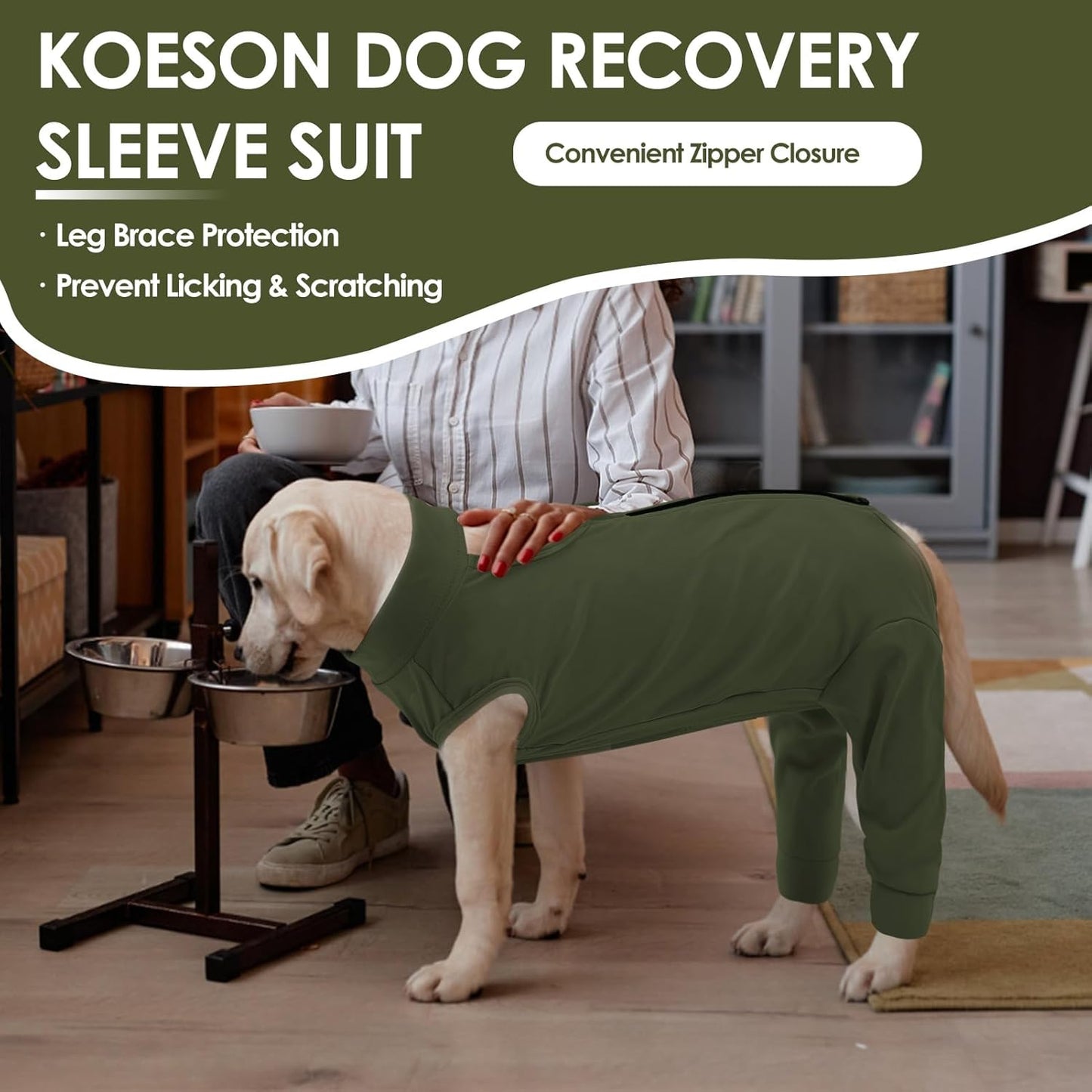 KOESON Breathable Dog Surgery Recovery Suit with Zipper to Stop Licking, Soft Dog Surgical Recovery Sleeve for Hind Legs, Strechy & Lightweight Neuter/Spay Onesie for Male Female Dogs, Army Green XXL