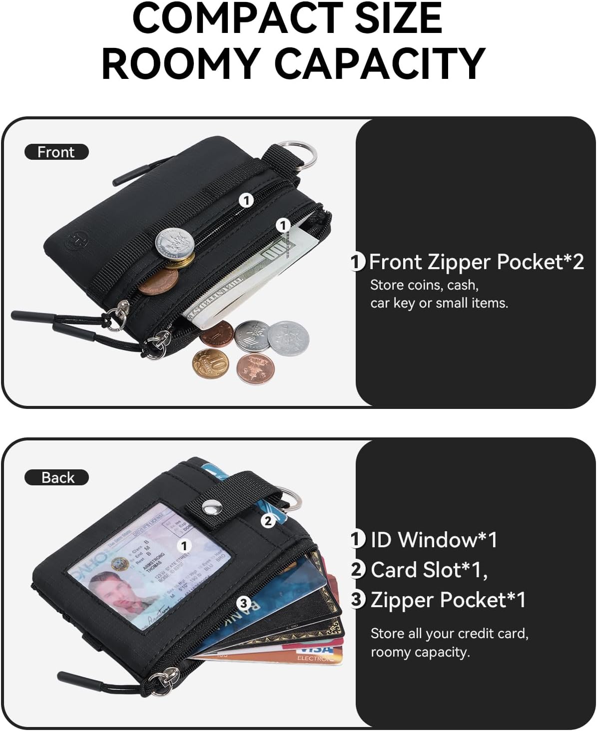 BOSTANTEN Small Wallet RFID, Minimalist Zip ID Case Wallet with Lanyard Keychain, Water Resistant Card Wallets for Women & Men, Black