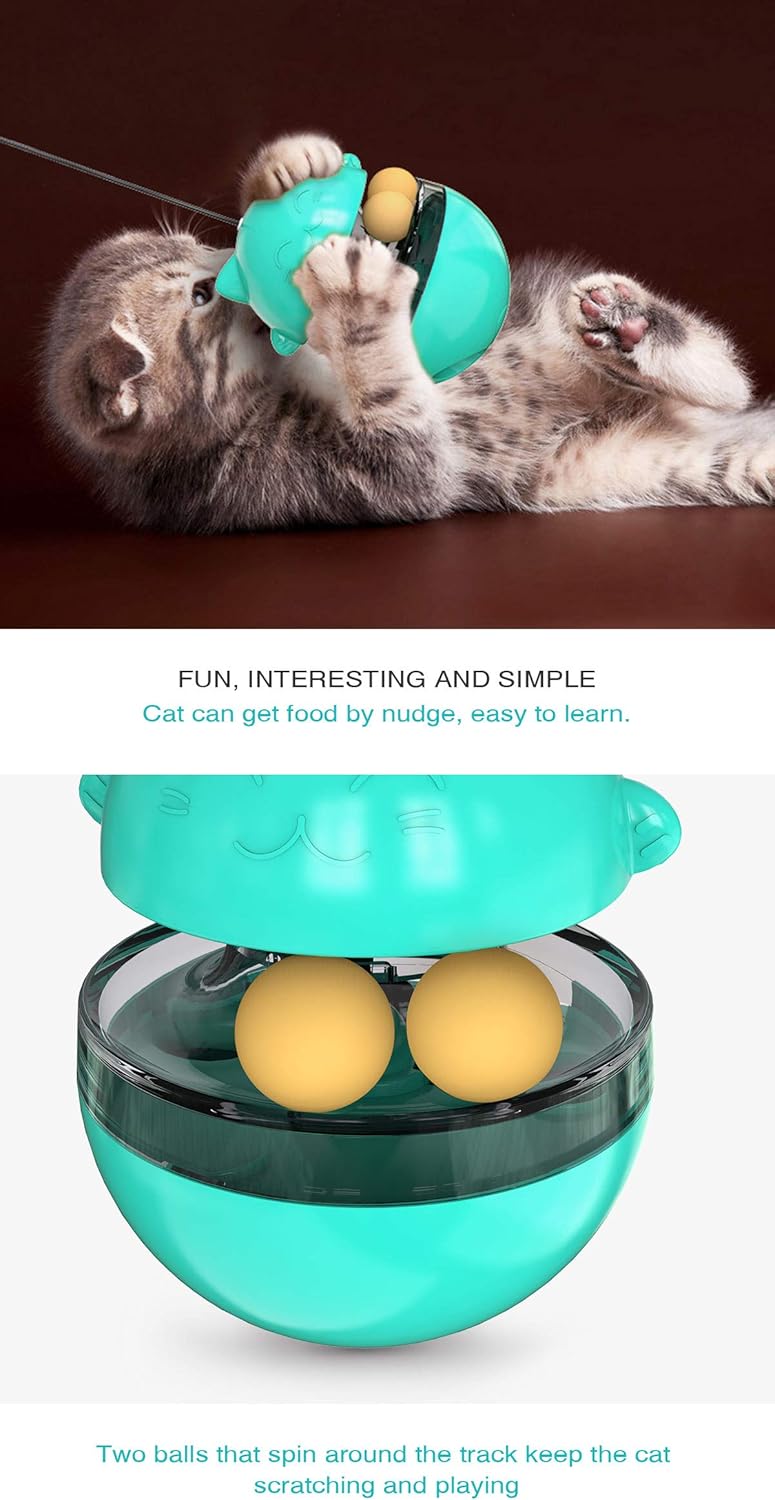 Premium Cat Treat Dispensing Toy, Wobbler Interactive Cat Feeder with Teaser Wand, Adjustable Slow Feeder Ball for Indoor Cats, Kitten Entertainment & Mental Stimulation (Blue)