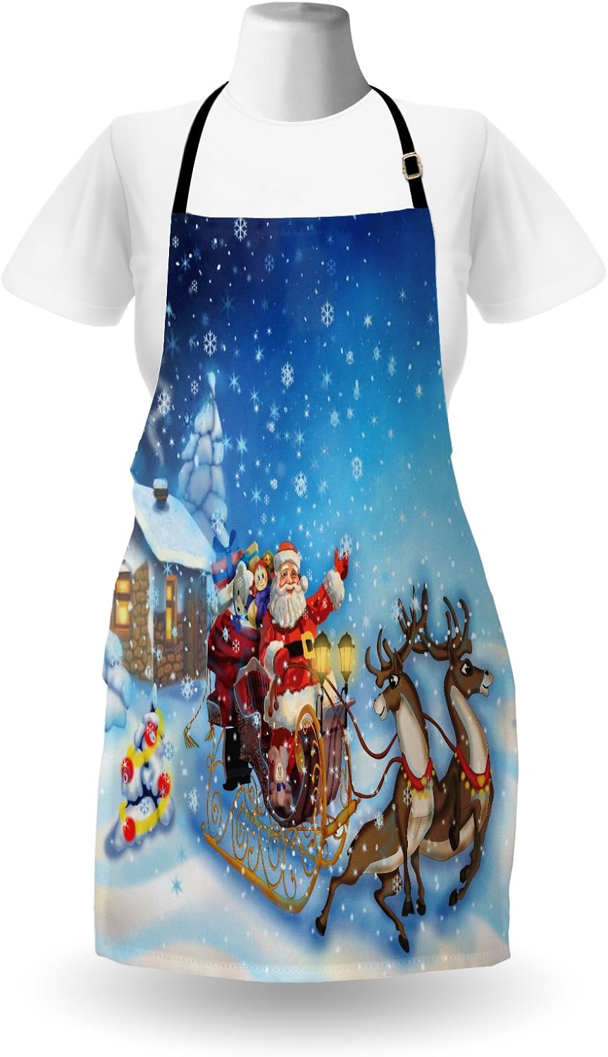 Ambesonne Christmas Apron, Santa in Sleigh Reindeer and Toys Snowy North Pole Tale Fantasy Image, Unisex Kitchen Bib with Adjustable Neck for Cooking Gardening, Adult Size, Navy Blue