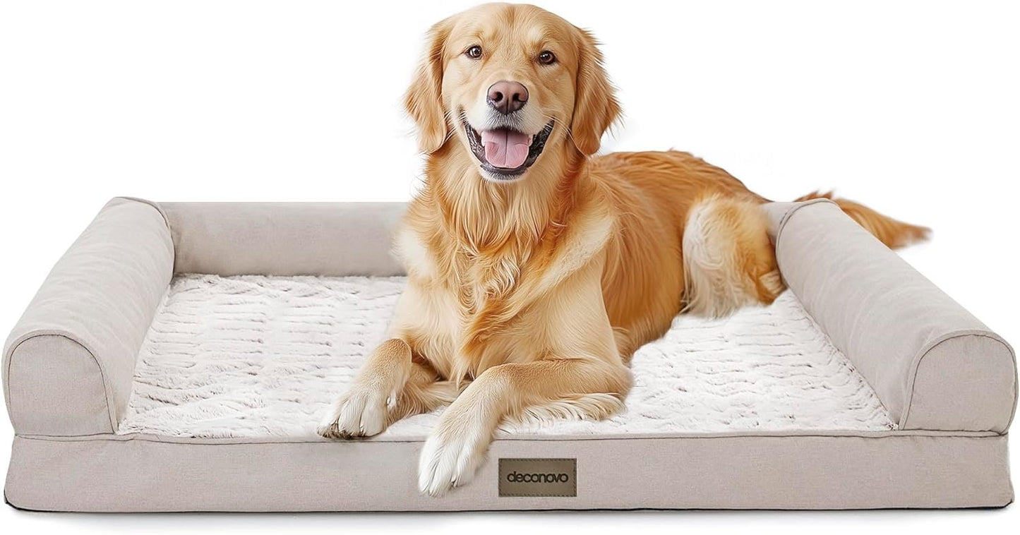 Deconovo Sofa Dog Bed with C-Shape Bolster, Supportive Eggrate Foam, PV Velvet Top, Anti-Slip Waterproof Bottom, Zippered Washable Cover, Large Dogs & XL Options, Khaki, 42x31x8 Inches