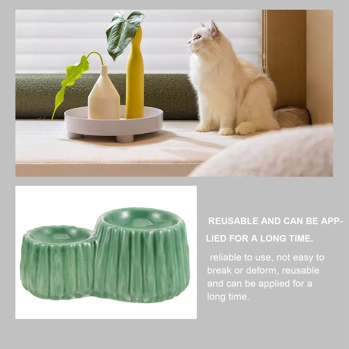 FAVOMOTO Elevated Ceramic Cat Bowl Set with Dual Height Raised Bowls, Non-tip Pet Feeder for Cats and Small Dogs, Green Food and Water Dish for Indoor Feeding