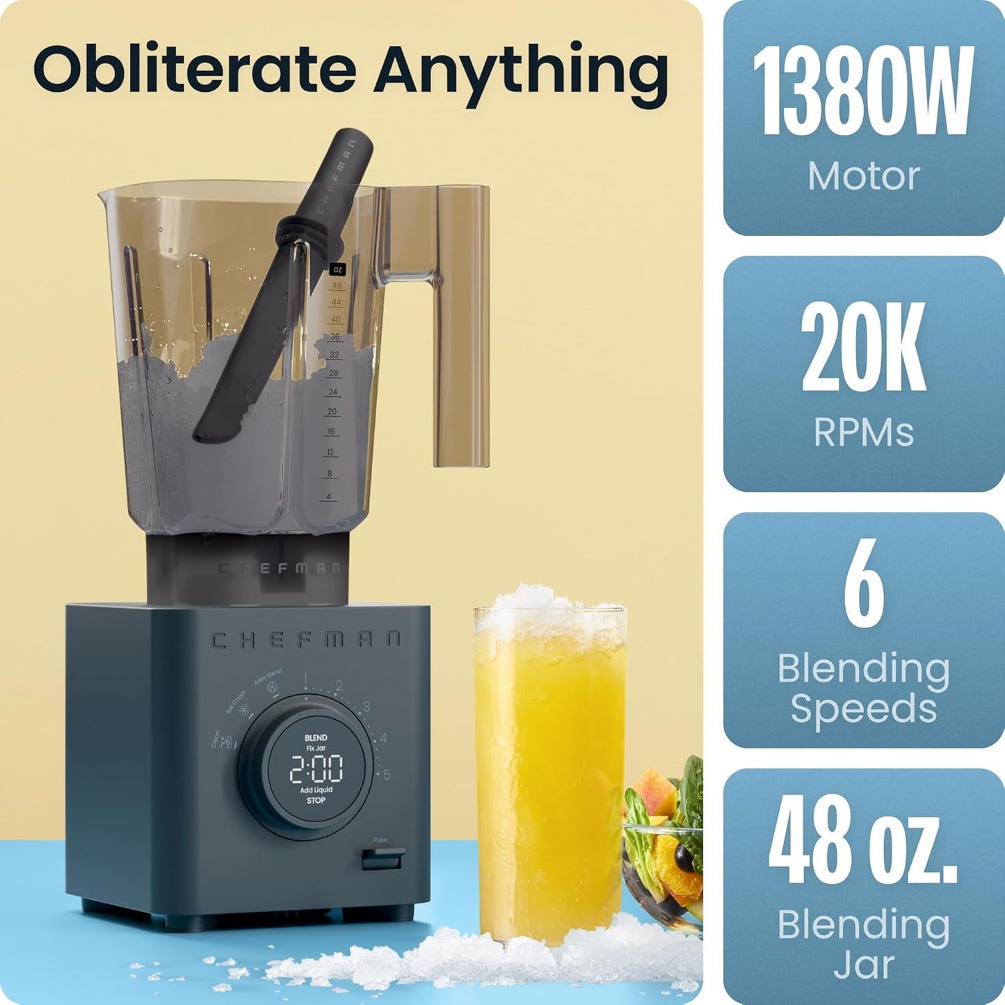 Chefman Obliterator 48 oz Countertop Blender for Smoothies, 1380W Motor to Crush Ice, Nuts, and Frozen Fruit with Stainless Steel Blade, Auto Blend Function, Includes Tamper and Scraper