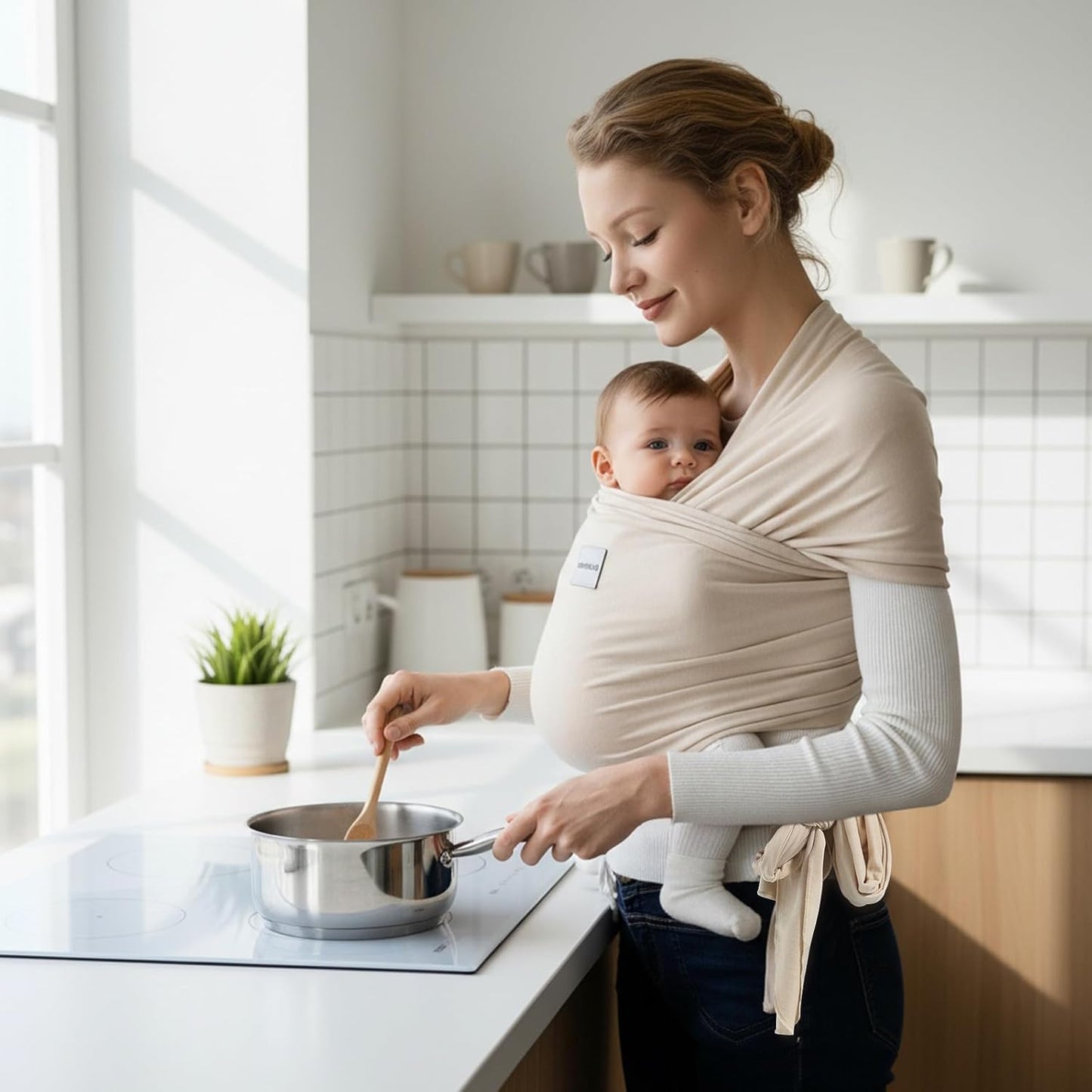 Baby Wraps Carrier, Baby Carrier Wrap Newborn Sling 7-35lbs, Baby Wearing Wrap Newborn Wrap Carrier, Baby Sling Carriers for Newborn and Infant, Beige