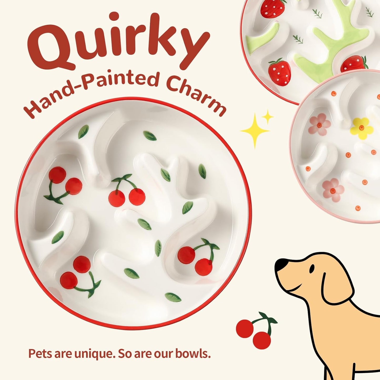 Ceramic Slow Feeder Dog Bowl - Portion Control Feeding Bowl for Medium Dogs - Cute Maze Food Dish for Fast Eaters - 3.1 Cups (310 g) - Doodle Series (Strawberry)