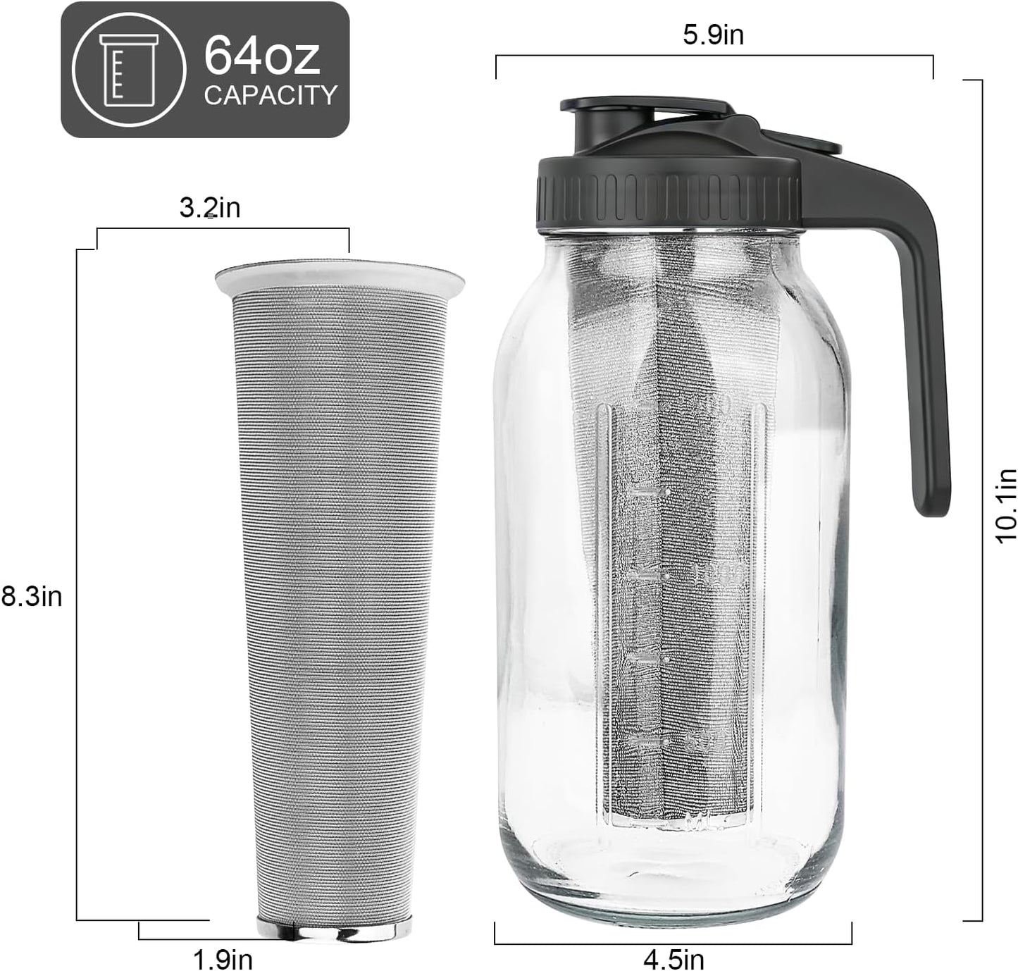 Cold Brew Coffee Maker,64 oz Mason Jar Pitcher with Stainless Steel Filter, Pour Spout Handle Lid, Heavy Duty Glass Airtight & Leak-Proof for Iced Coffee,Tea & Lemonade