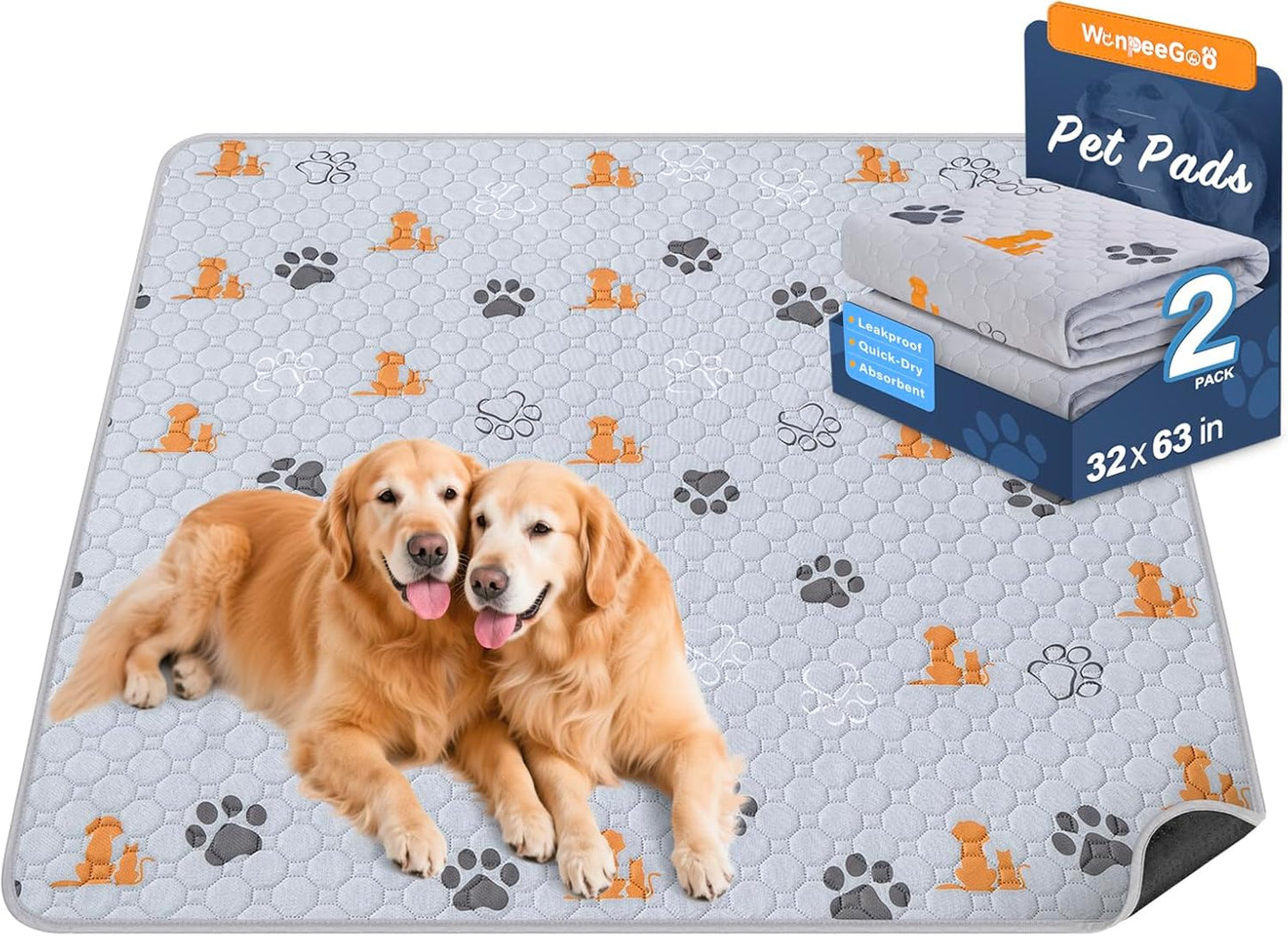Washable Pee Pads for Dogs, 2 Pack Absorbent Reusable Training Dog Pads Pet Puppy Pads, Non-Slip Potty Pads for Whelping, Playpen, Crate, Bed, Orange, 32"x63"