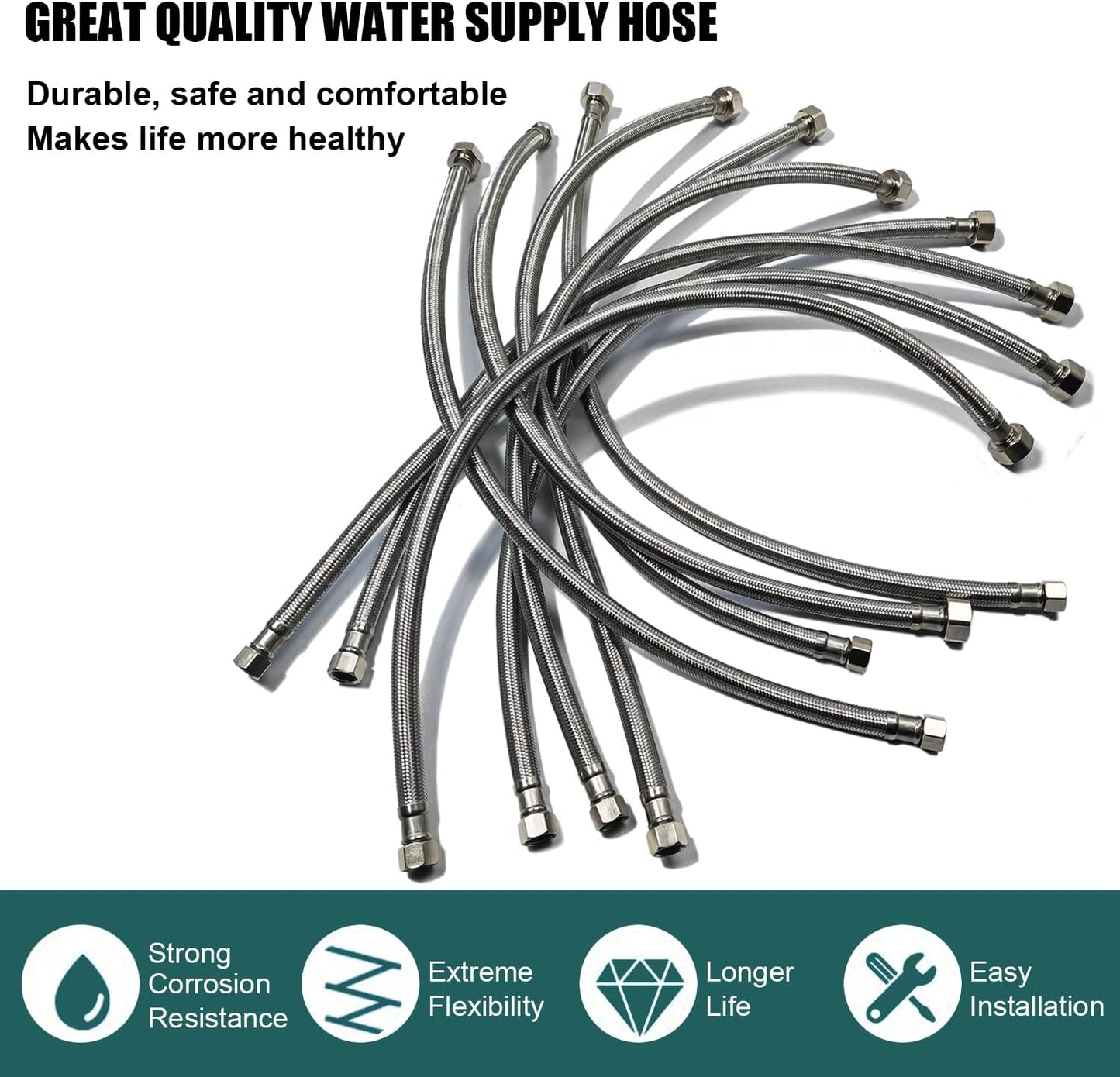 【New Version】Faucet Water Supply Connector Line Braided Stainless Steel, Premium Faucet Supply Line 24 inch - 3/8 Female Compression Thread x 1/2 Female Iron Pipe Thread (10 Pack)