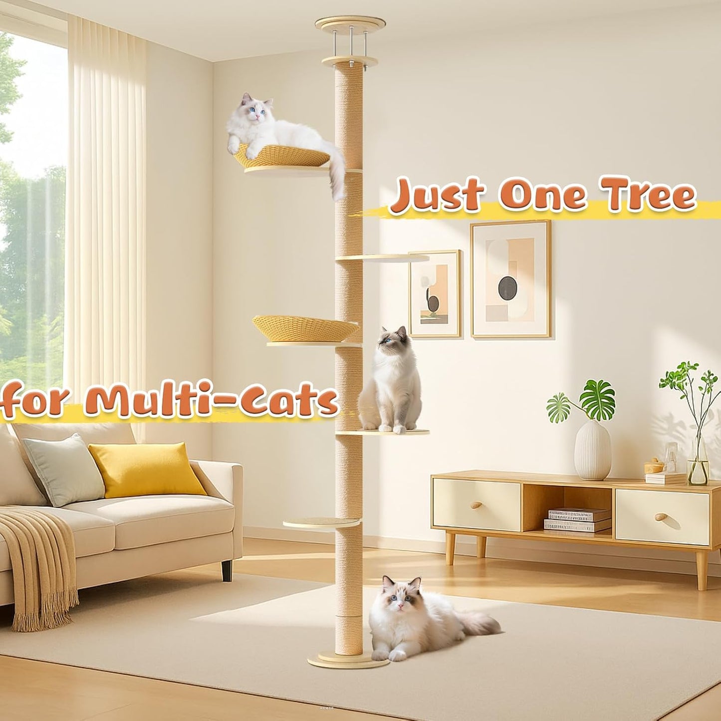 Tinnmao Solid Real Wood Floor to Ceiling Cat Tree, 6 Level Adjustable Height (89"-105"), Modern Climbing Tower with Thickened Wooden Sisal Scratching Posts & Cozy Bed for Indoor Cats Large Adult