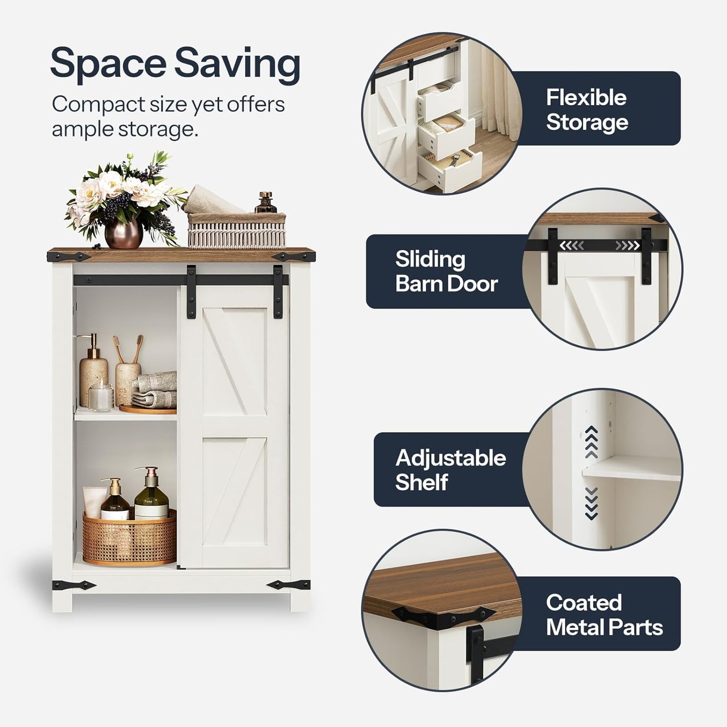 HOOBRO Bathroom Storage Cabinet, Farmhouse Cabinet with Sliding Barn Door, Adjustable Shelf and 4 Drawers, 11.8" D x 23.6" W x 31.9" H, Freestanding for Bathroom, Kitchen, White and Walnut