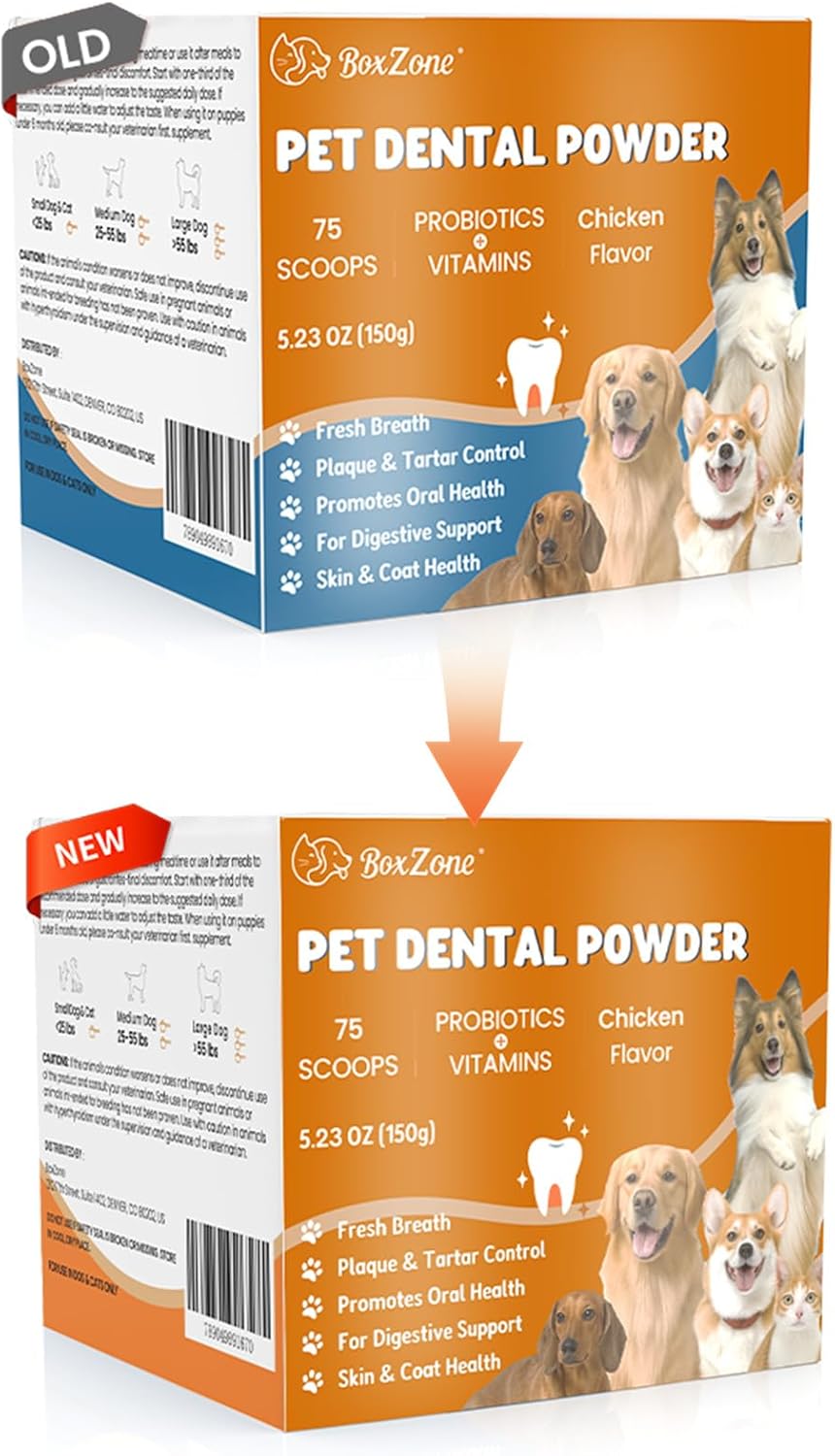 Dog Teeth Cleaning Powder - Plaque & Tartar Control, Breath Fresheners with Natural Seaweed, Probiotics, Vitamins, Turmeric & Enzymes for All Dogs & Cats (Chicken Flavor, 75 Scoops)