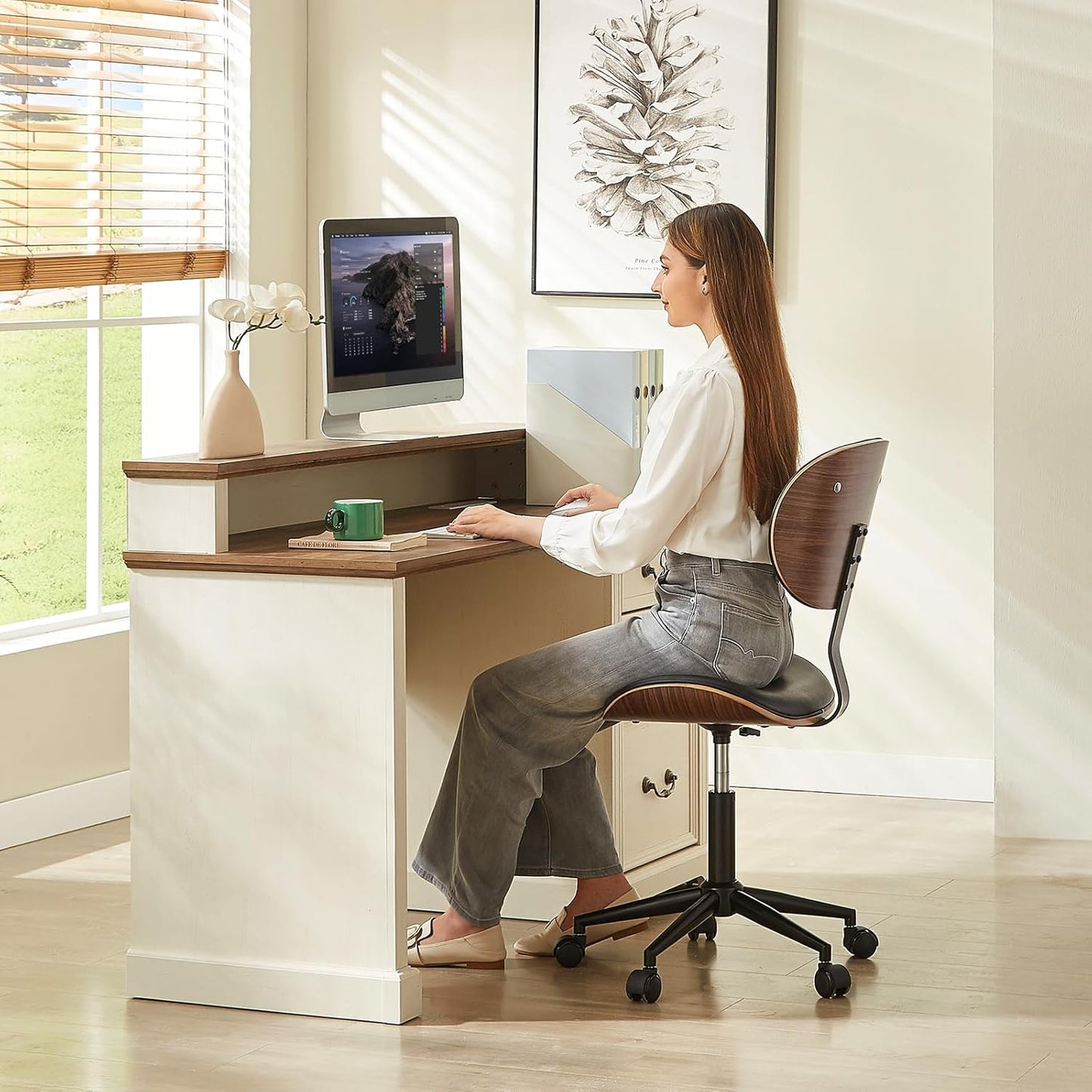 Bestier Small Office Chair with Bentwood Back Support, Armless Desk Chair with 360° Swivel, Height Adjustable Computer Chair with Wheels, PU Leather Modern for Office, Small Space, Black