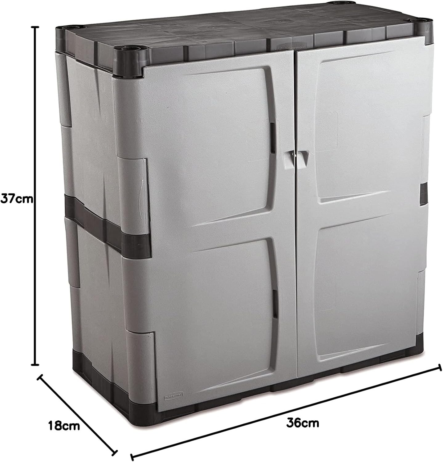 Rubbermaid Freestanding Storage Cabinet with Doors 18"D x 36"W x 37"H Medium Gray/Black Two-Shelf Lockable Cabinet for Indoor/Outdoor/Garage Storage for Garden Tools/Lawn Care Accessories