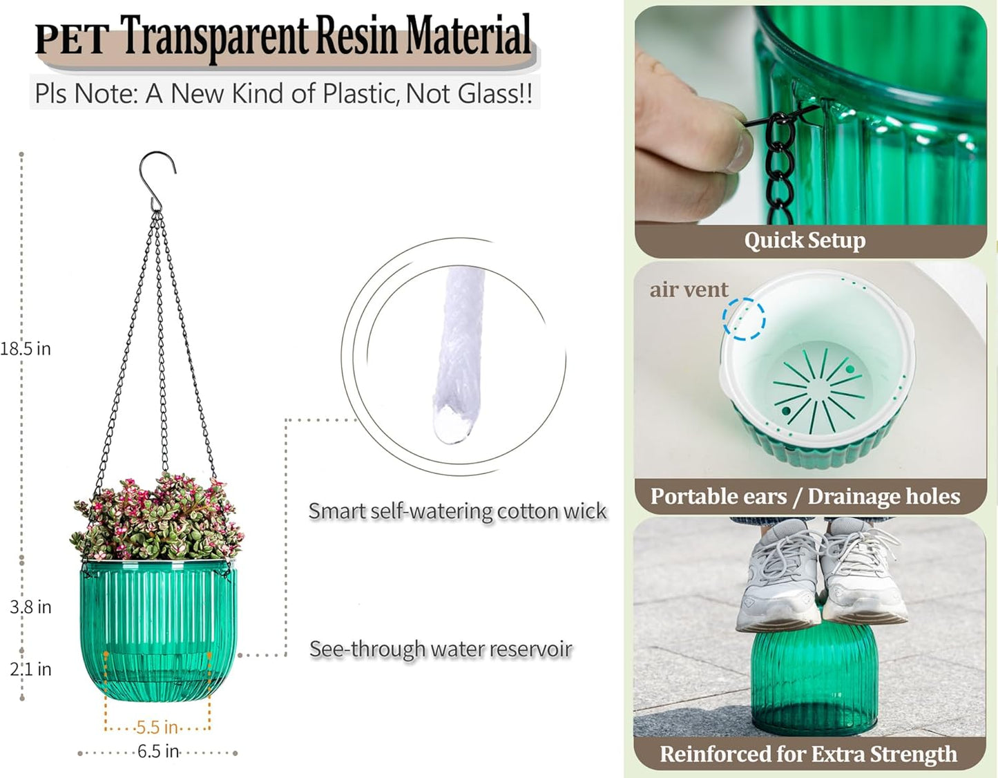 Melphoe 2 Pack Self Watering Hanging Planters Indoor Flower Pots, 6.5 Inch Outdoor Hanging Basket, Plant Hanger with 3Hooks Drainage Holes for Garden Home (Emerald)