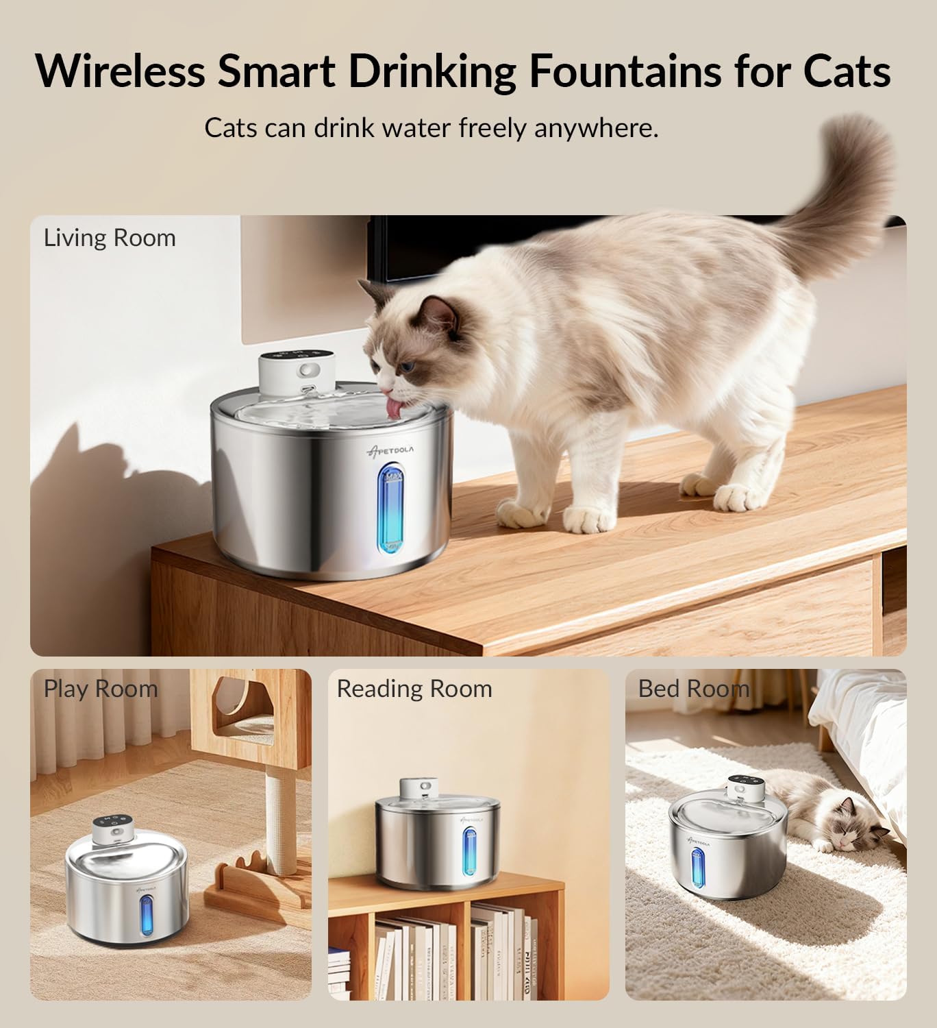 Cat Water Fountain Stainless Steel,135fl-oz/4L Wireless Cat Fountain Battery Operated Pet Fountain for Dogs Cats Indoor