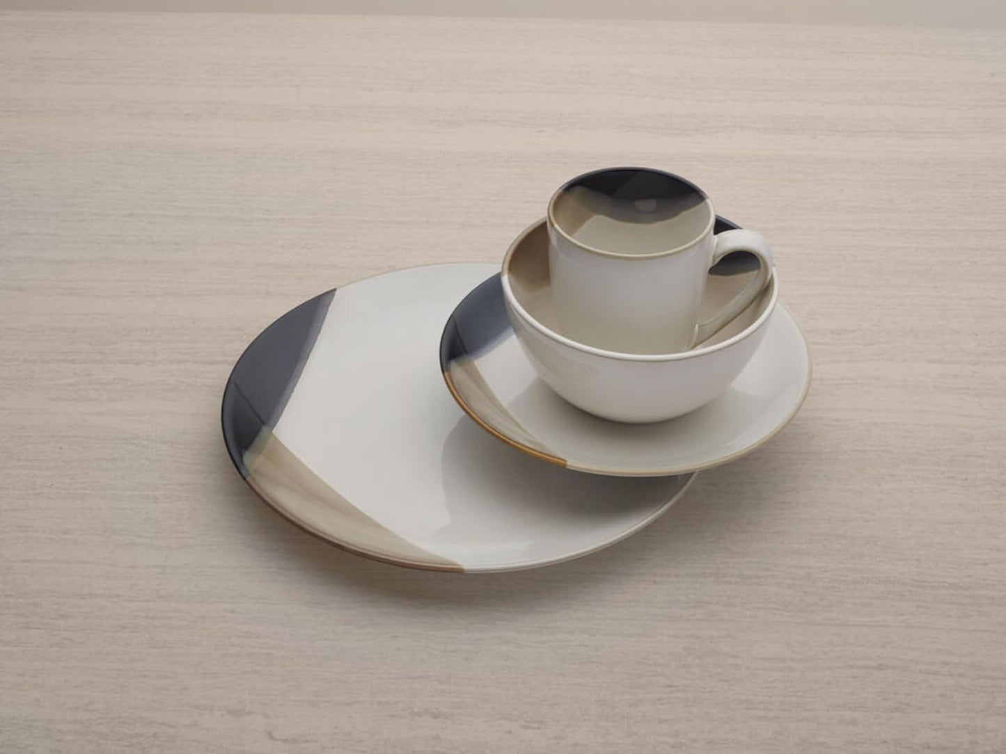 Gourmet Basics by Mikasa Caden 16-Piece Stoneware Dinnerware Set — Service for 4, Reactive Glaze, Black/Tan & White Finish, Microwave & Dishwasher Safe, Everyday & Formal Use