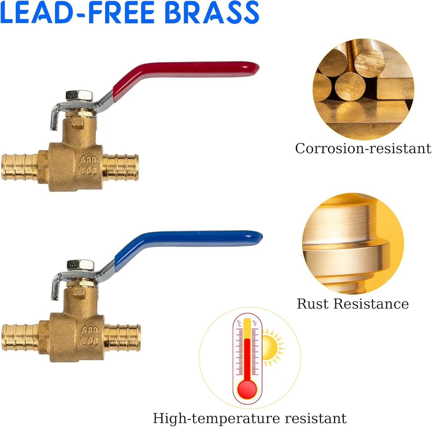 Hourleey 10 Pieces 1/2 Inch Pex Brass Full Port Shut Off Ball Valve HOT AND COLD, Quarter Turn HOT (RED) COLD (BLUE) of Brass Water Stop Shutt off