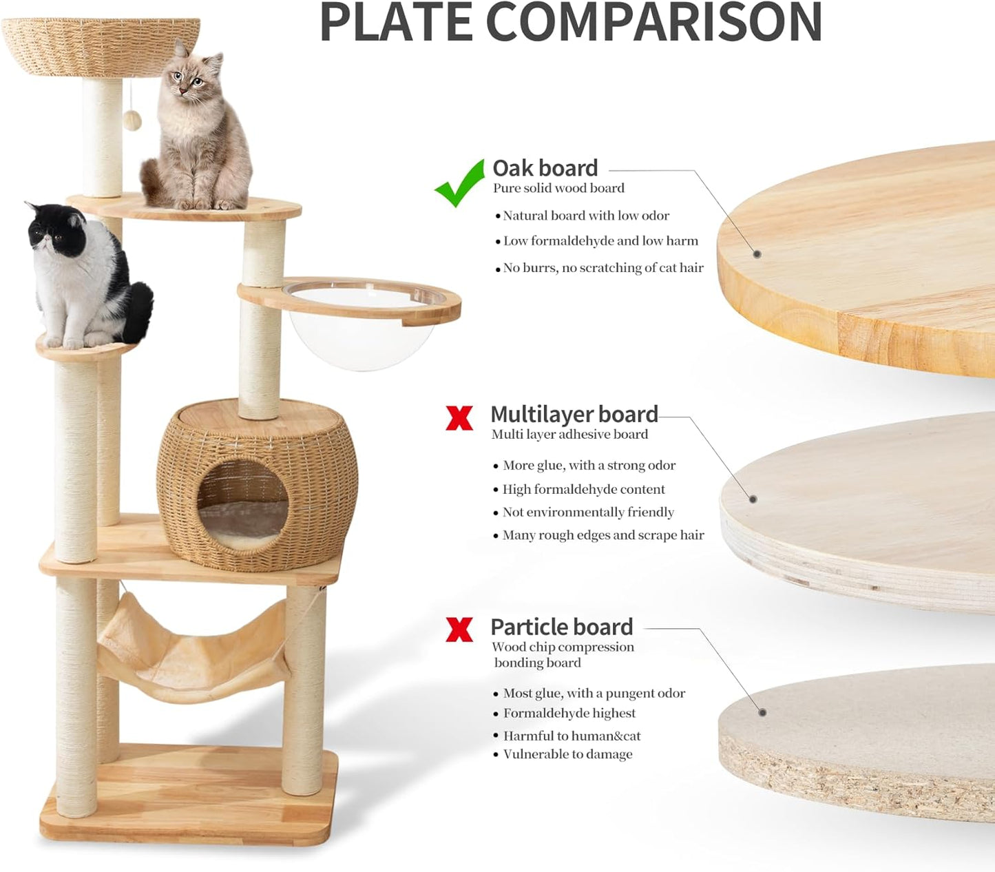 59" Big Modern Cat Tree Tower, Cat Tower Sisal-Covered Scratching Posts for Indoor Cats, Oak Wood Cat Tree for Large Cats, Multi-Level Cat Condo with Space Capsule Nest, Cat Furniture Activity Centre