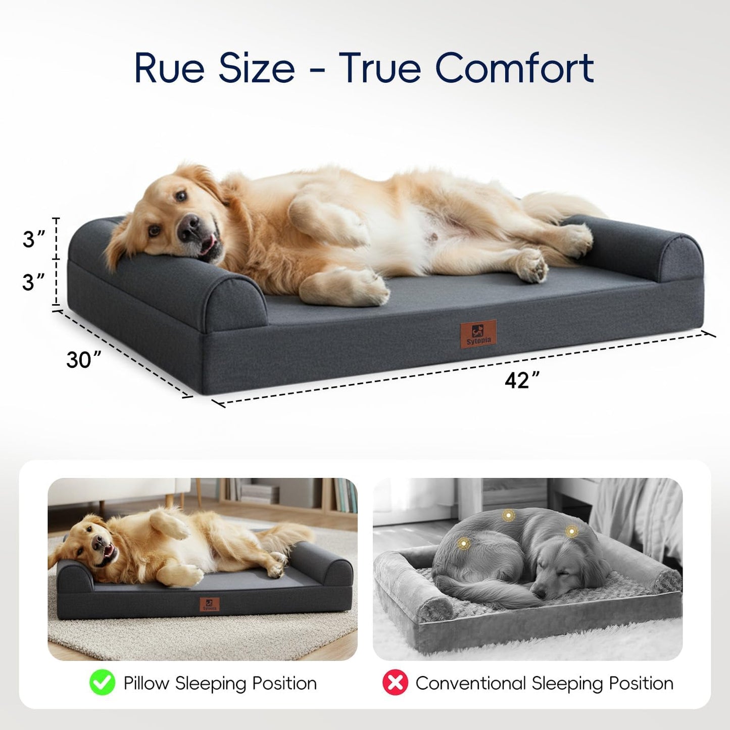 Sytopia Orthopedic Sofa Dog Bed for Extra Large Dogs, Waterproof Foam Pet Couch Bed with Sides, Egg Crate Foam, Removable Washable Cover, 42x30 Inch, Dark Grey