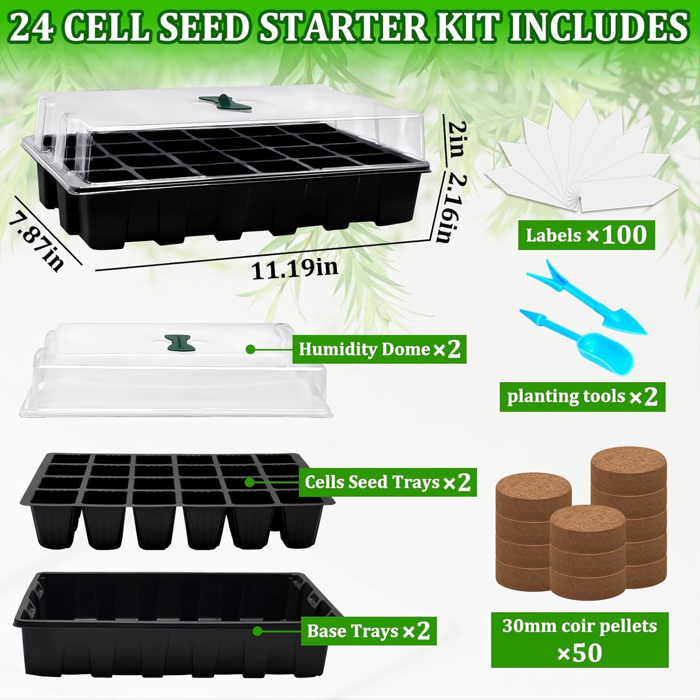 Halatool 2 Set Seed Starter Tray Kits, 2 Pack Germination Tray with 50 Pcs Coco Pellets, Greenhouse Indoor Seed Germination System for Herbs Vegetables Flowers, Seed Starter Kit