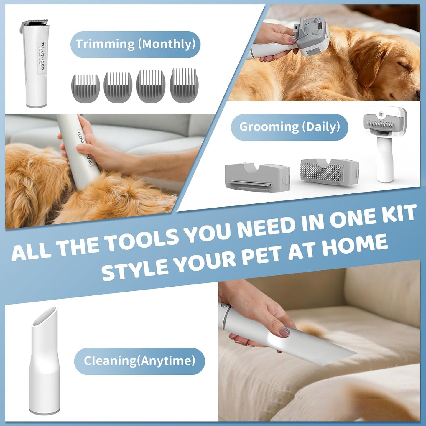 Dog Grooming Vacuum with 2L Dust Cup & 13000Pa Suction, 5-in-1 Low Noise Pet Grooming Kit with Clipper & Steam Brush for Shedding, Dog Vacuum for Dogs and Cats