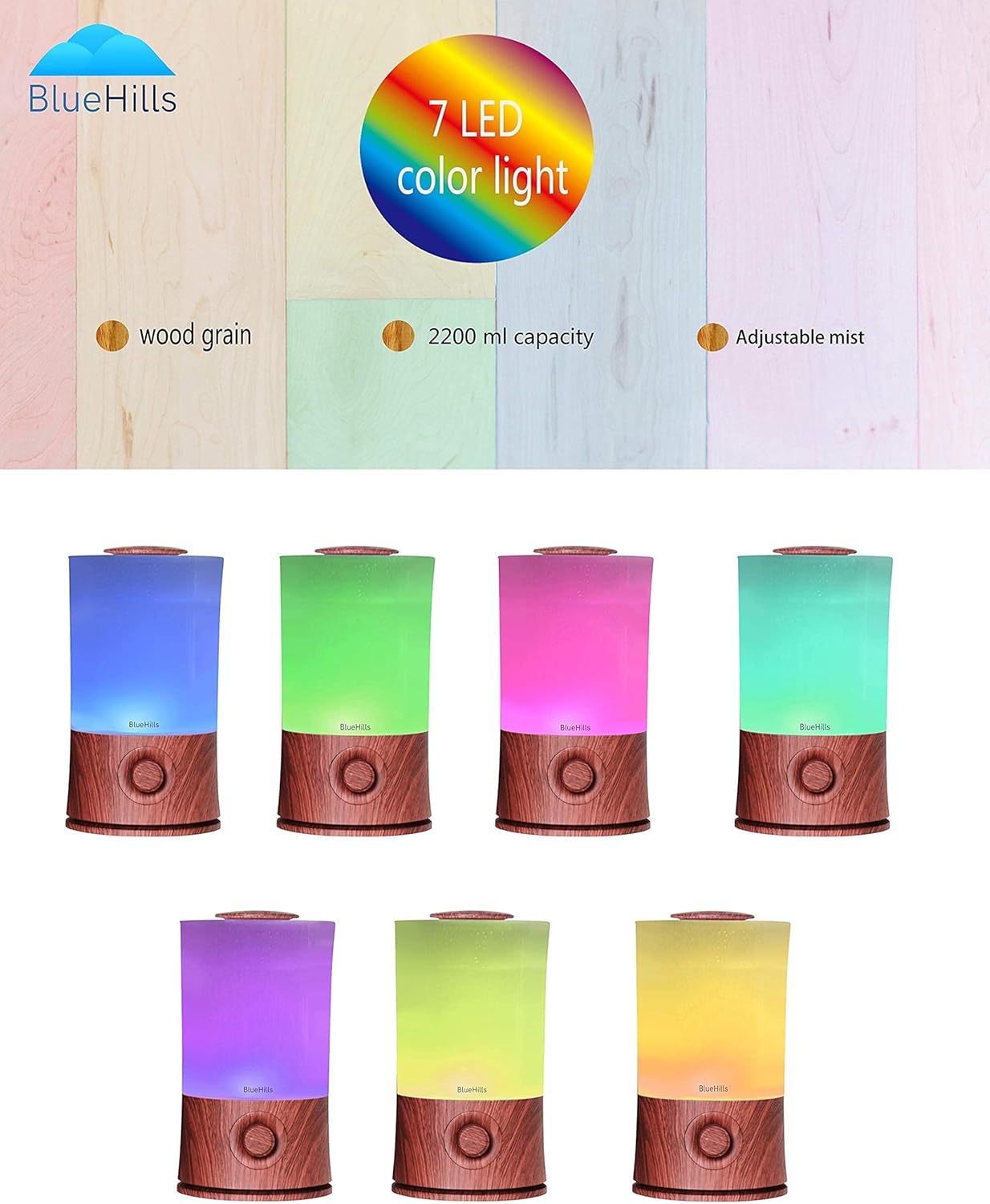 BlueHills Premium 2000 ML XL Essential Oil Diffuser Aromatherapy Humidifier for Large Room Home 40 Hour Run Huge Coverage Area 2 Liter Extra Large Capacity Diffuser High Mist Dark Wood Grain E003