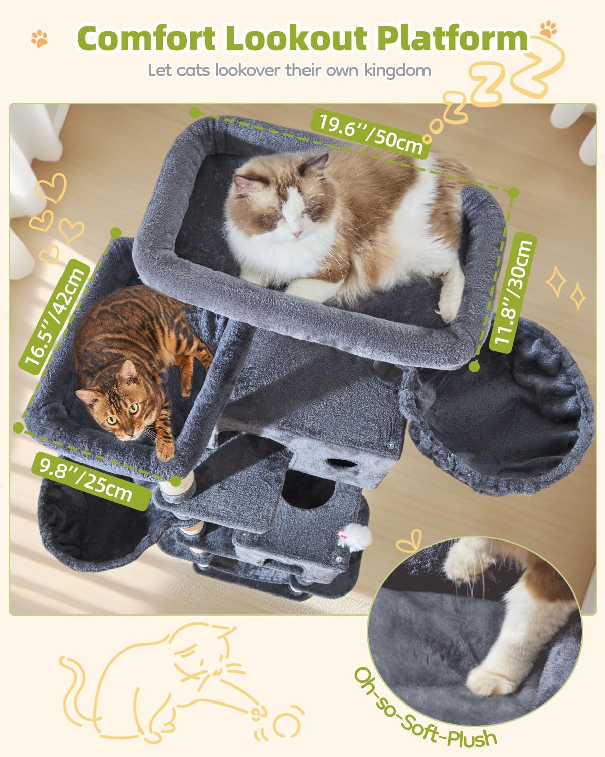 Taoqimiao Cat Tree Tower, 76-Inch Sturdy Cat Tree for Indoor Cats Large Adult Cat Tower with Scratching Posts，2 Condos, 2 Perches, 2 Large Hanging Baskets, Soft Hammock, MS046G Smoke Gray