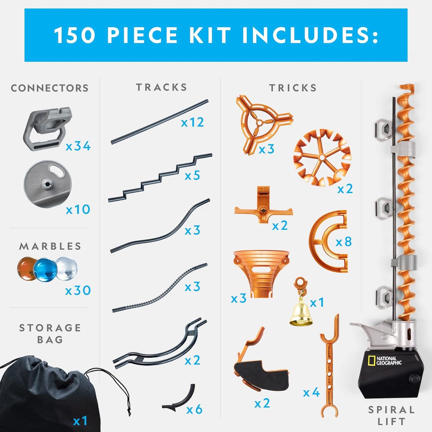National Geographic Magnetic Marble Run - 150-Piece STEM Building Set for Kids & Adults with Magnetic Track & Trick Pieces & Marbles for Building A Marble Maze, STEM Project (Amazon Exclusive)