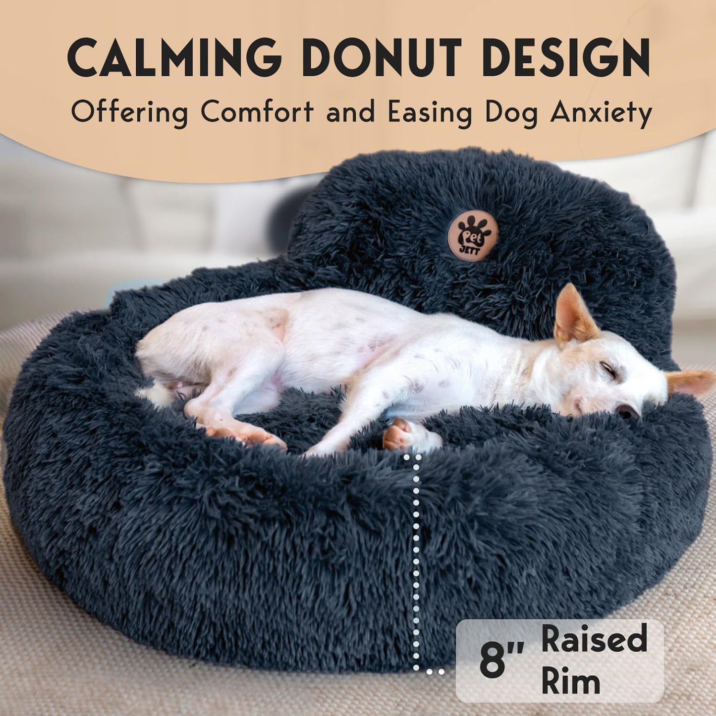 PetJett Calming Dog Bed Medium Size Dog - 30'' Donut Bed, Washable Dog Bed, Anti-Slip & Super Soft Fluffy Plush Round Dog Bed, Anti-Anxiety Premium Comfort Pet Bed, Fits Dogs Upto 45 lbs - Dark Grey