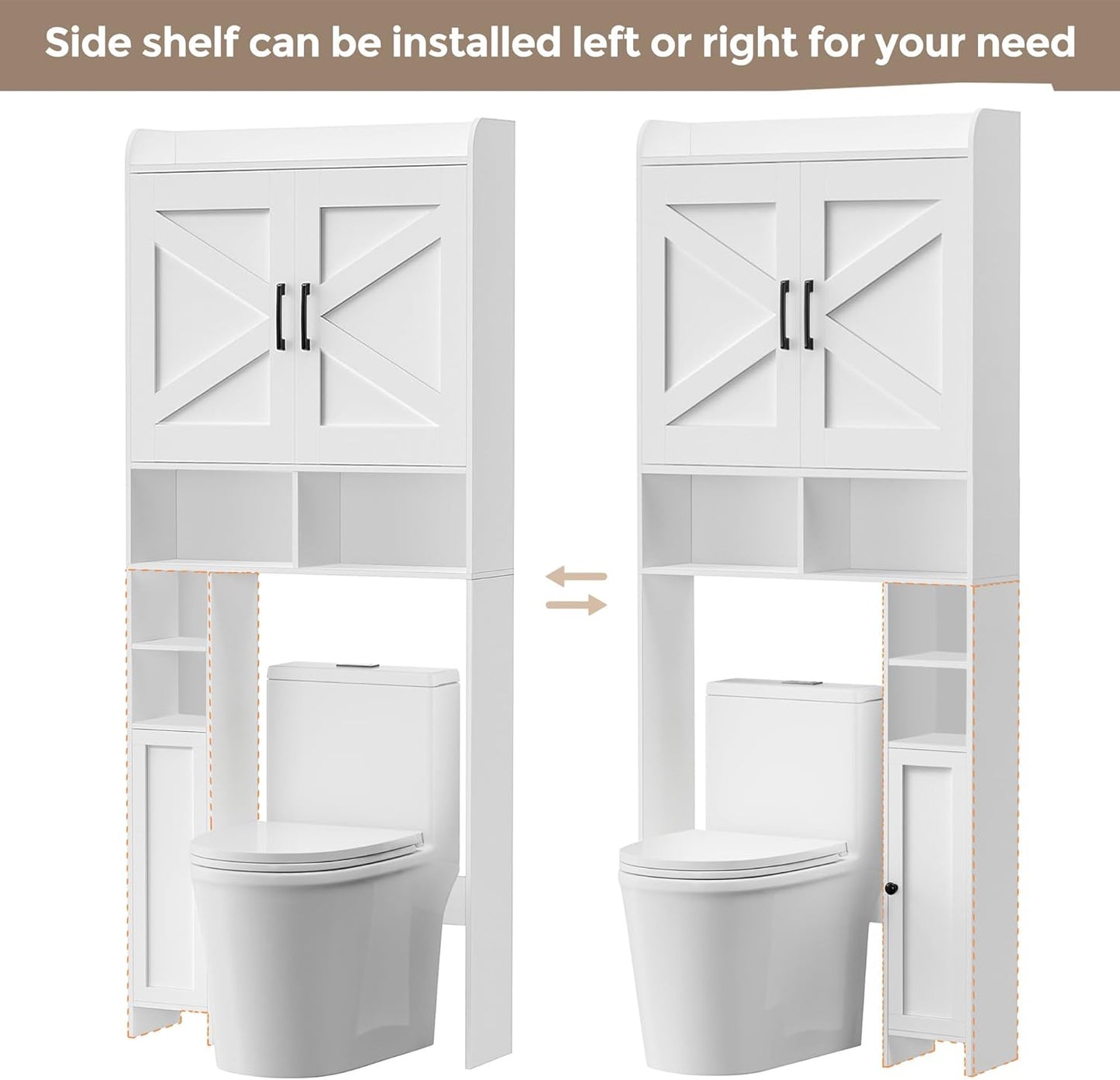 Homhedy Over The Toilet Storage Cabinet with 2 Barn Door and Toilet Paper Holder Stand, FreeStanding Toilet Shelf Space Saver, for Bathroom, Restroom, Laundry, White