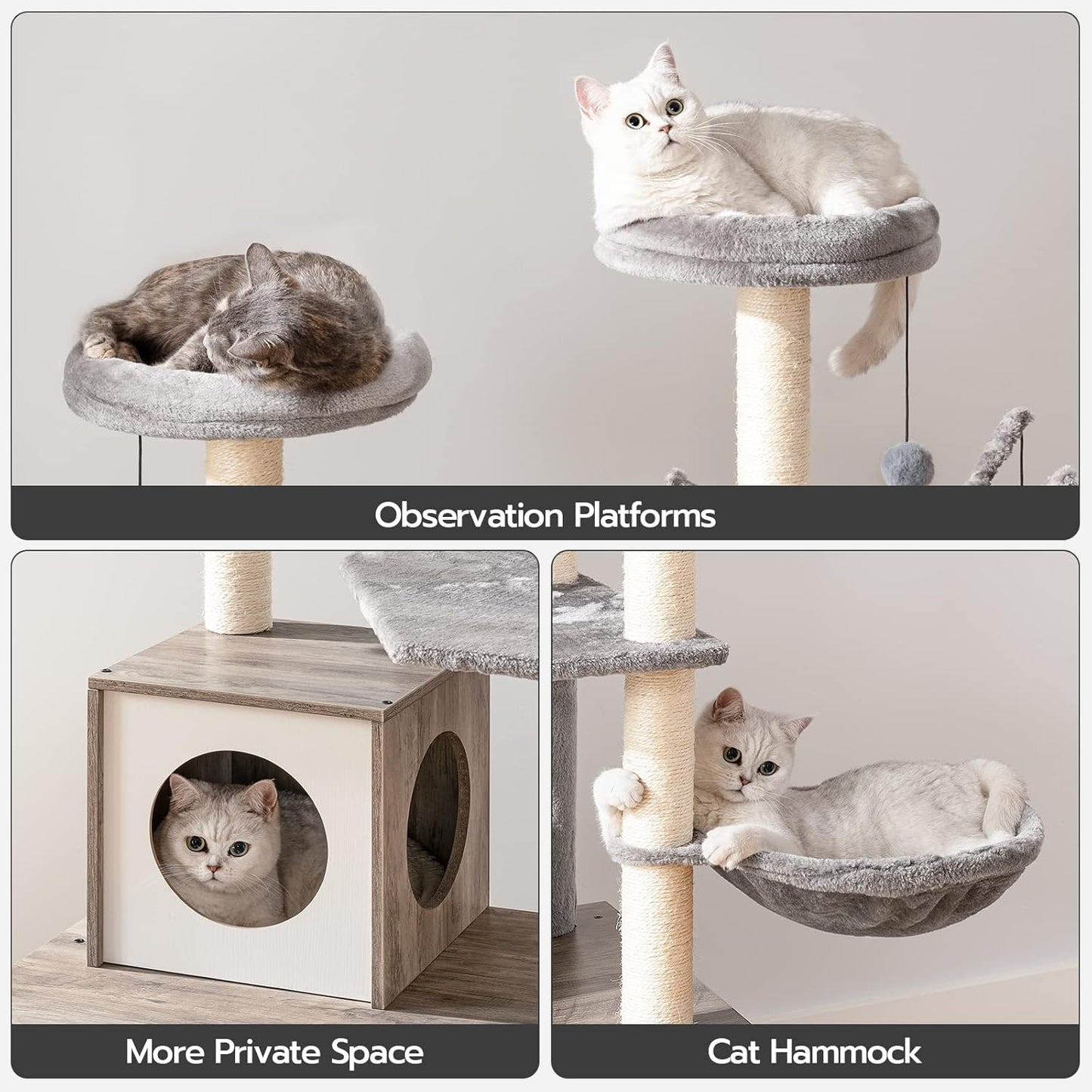 HOOBRO Cat Tree with Litter Box Enclosure, 27.6" L x 18.9" W x 52" H, All-in-One Wooden Cat Tower, Cat Furniture for Indoor Cats, Cat Condo with Hammock, Detachable Teaser Sticks, Greige BG14MZ03