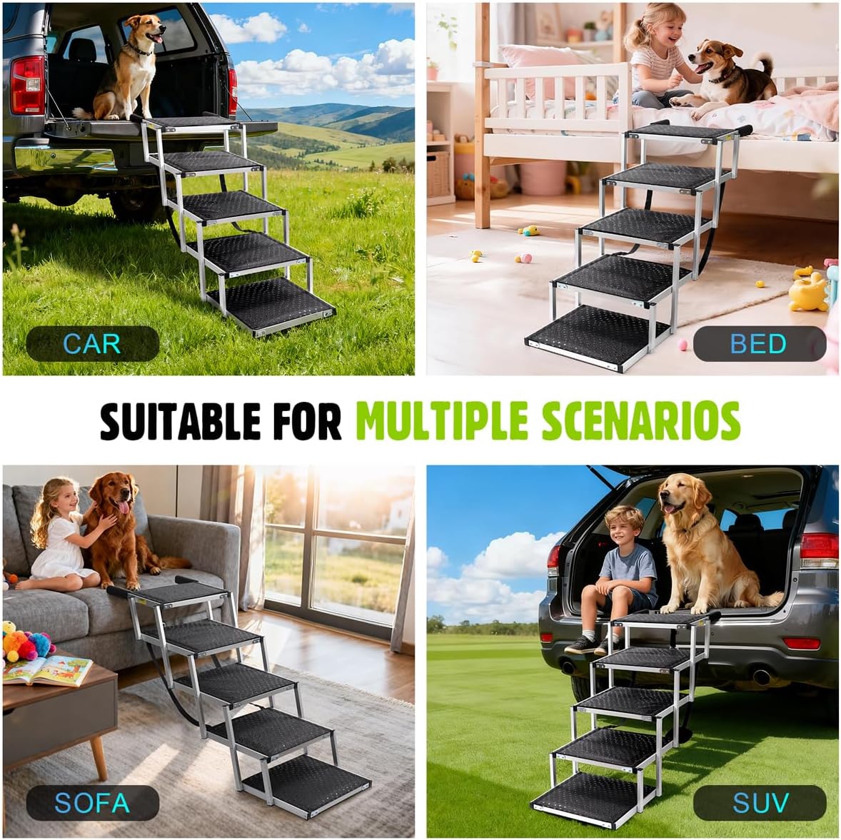 Dog Car Ramp for Large Dogs SUV, 5 Step Folding Dog Stairs with Non- Slip Surface & Reinforced Design, Foldable Pet Stairs Support Up to 200lbs- Suitable for SUV, Truck, Sofas, Bed