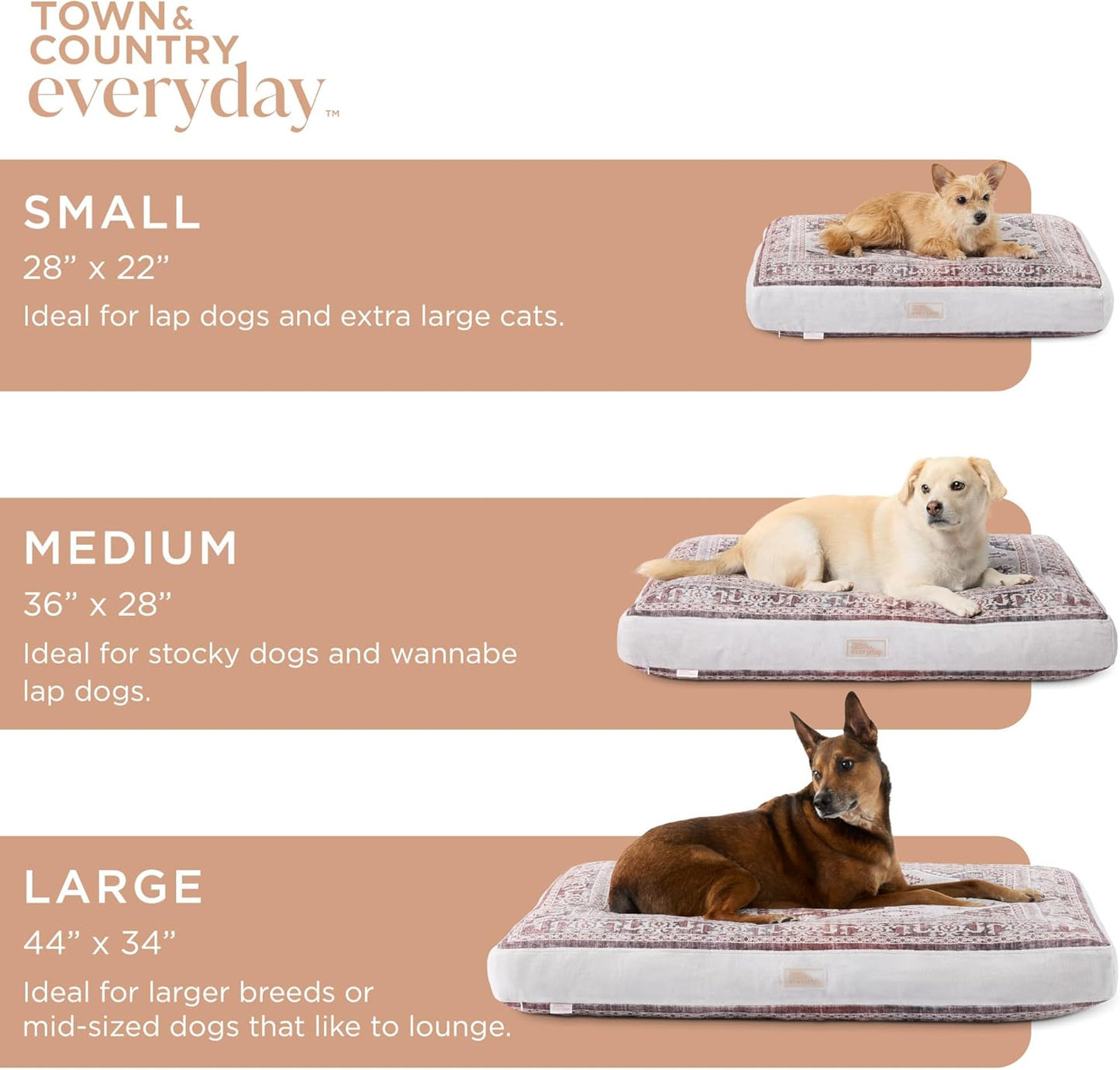 Town & Country Everyday CuddleTown Medallion Everwash® Pillow Pet Bed, Water Repellent Floor Pillow, Machine Washable Cover, Soft & Calming, Red/Greige, Small 28"x22"x4"