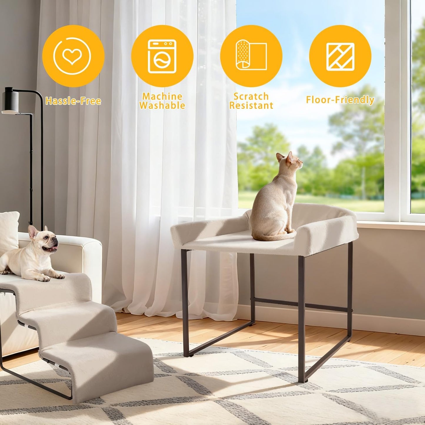 Dog Window Perch with Removable Stairs, Cat Window Seat with Cushioned Platform, Non-Slip Bedside Foam Pet Bed for Cats and Dogs, Beige