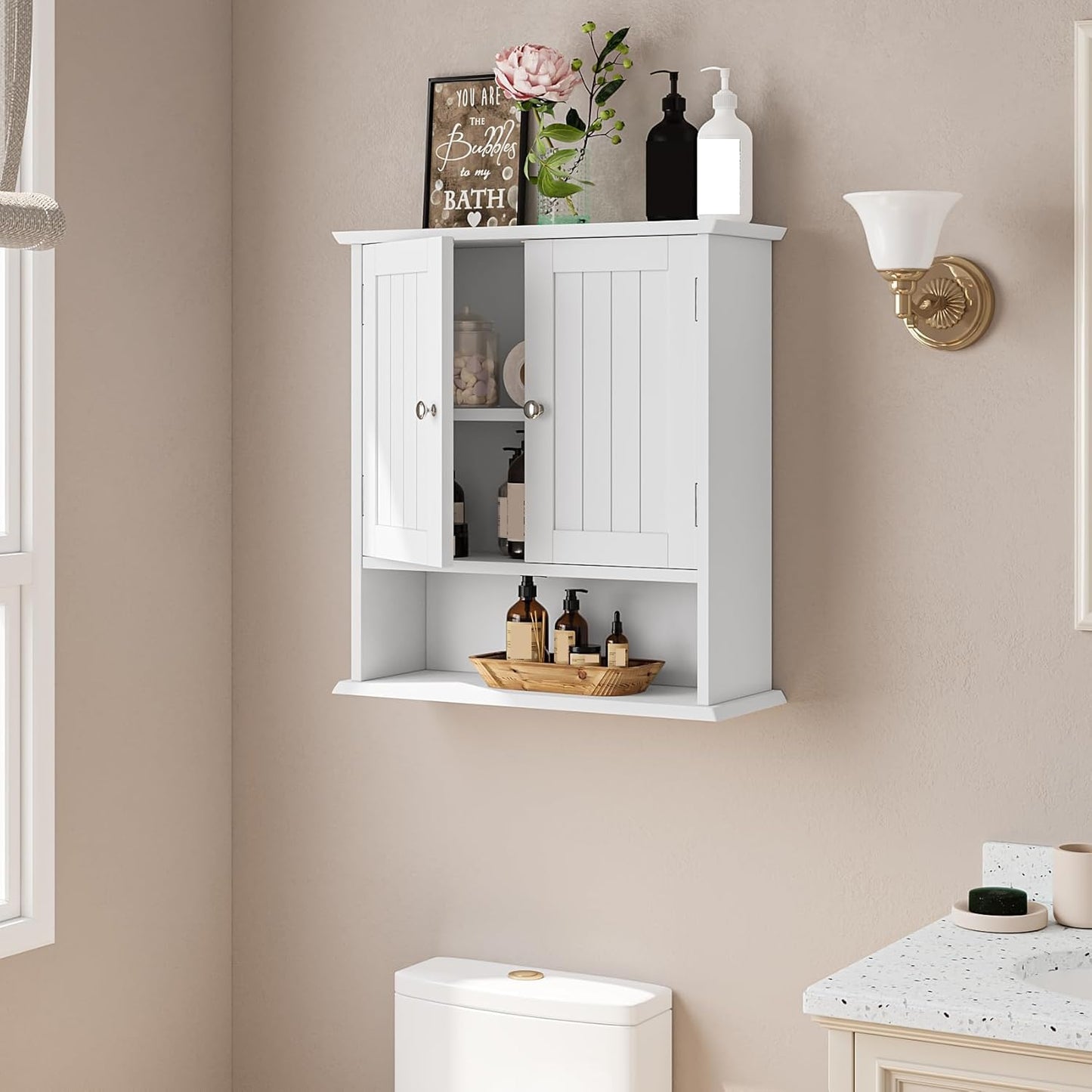 Bathroom Wall Cabinet, Bathroom Cabinet Wall Mount with 2 Doors and Open Shelf, Over The Toilet Wall Storage Cabinet, Bathroom Medicine Cabinet