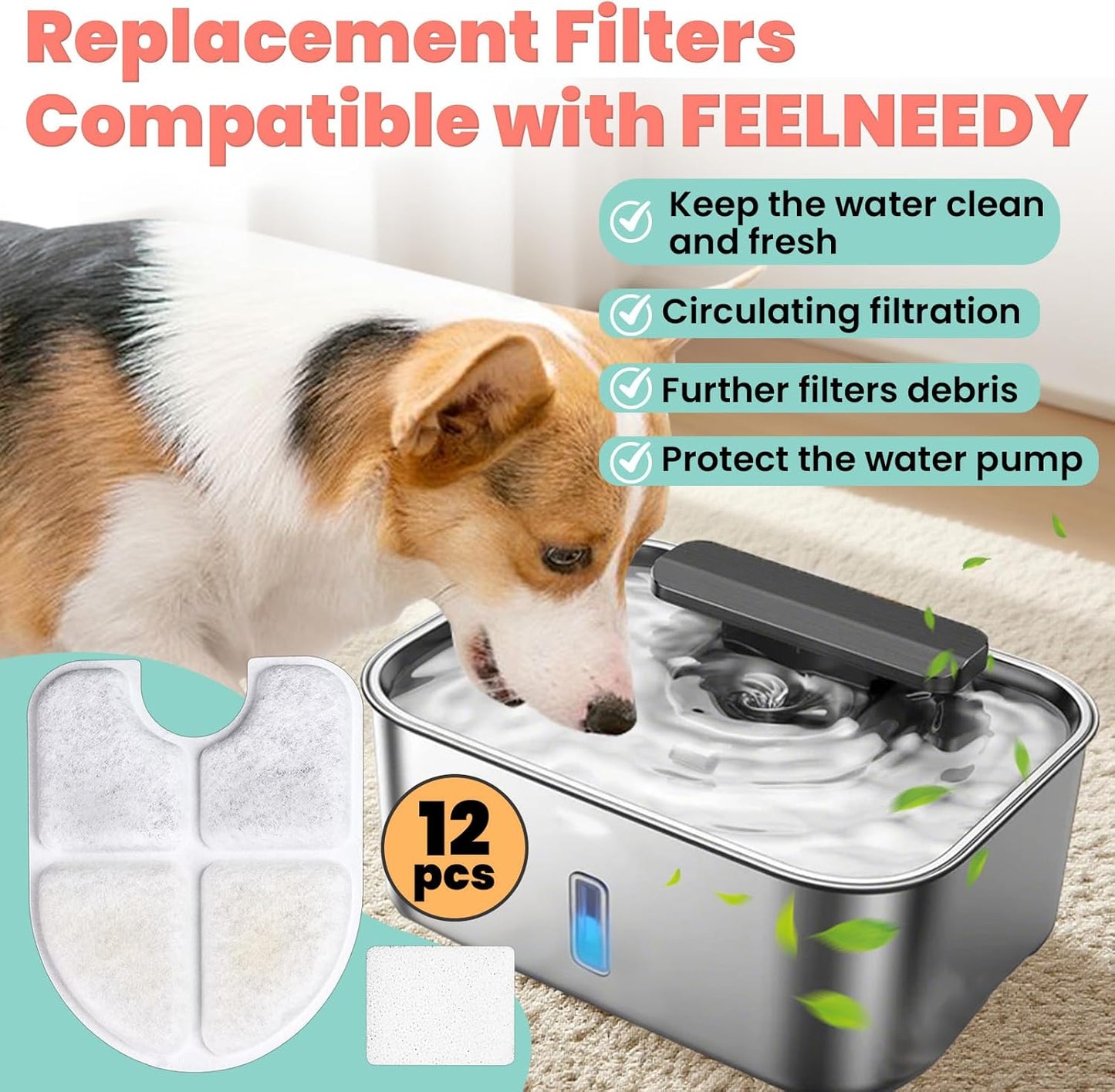 12PCS Cat Water Fountain Replacement Filters Compatible with FEELNEEDY 3Gal/12L Dog Cat Water Dispenser (FN-W13), Fit Large Dogs Bowl Dispenser, Includes 12 Filters & 12 Sponges