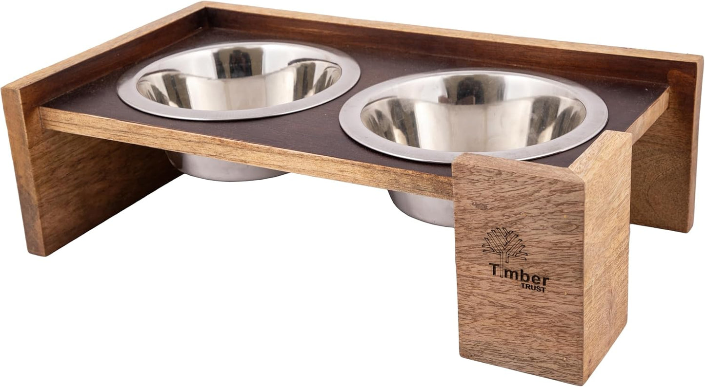 Elevated Dog Food and Water Bowls – Rustic Wood Stand with 2 Stainless Steel Bowls, 5-Inch Raised Pet Feeder, Durable Non-Slip Double Bowl Set for Medium & Large Dogs, Easy to Clean – (49.4 Oz Each)